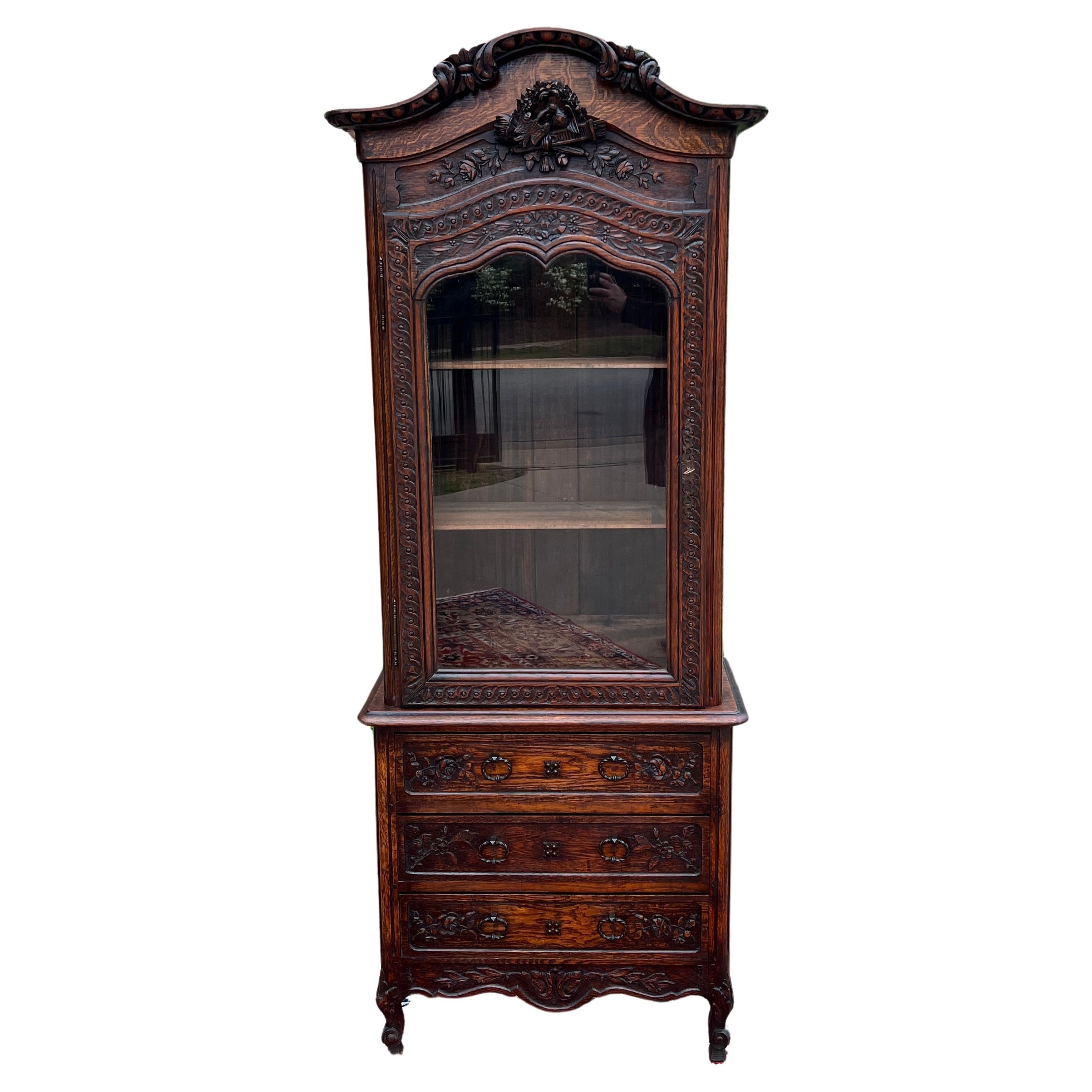 Antique French Vitrine Over Chest of Drawers Bonnetiere Bookcase Oak Carved 19C For Sale