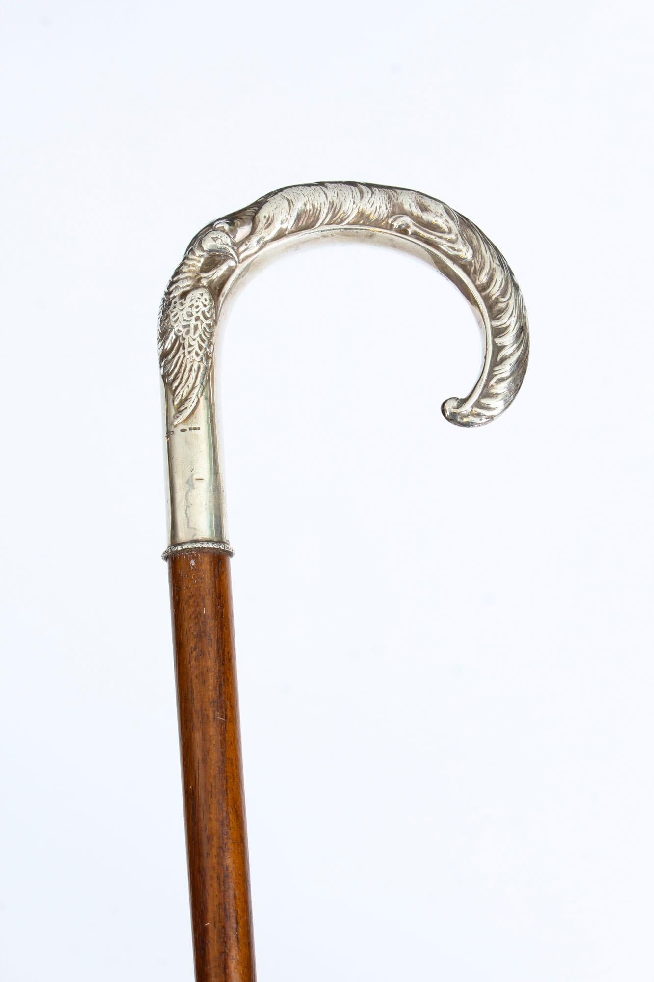 Antique French Walking Cane Stick Sterling Silver Fox Handle 19th Century 5