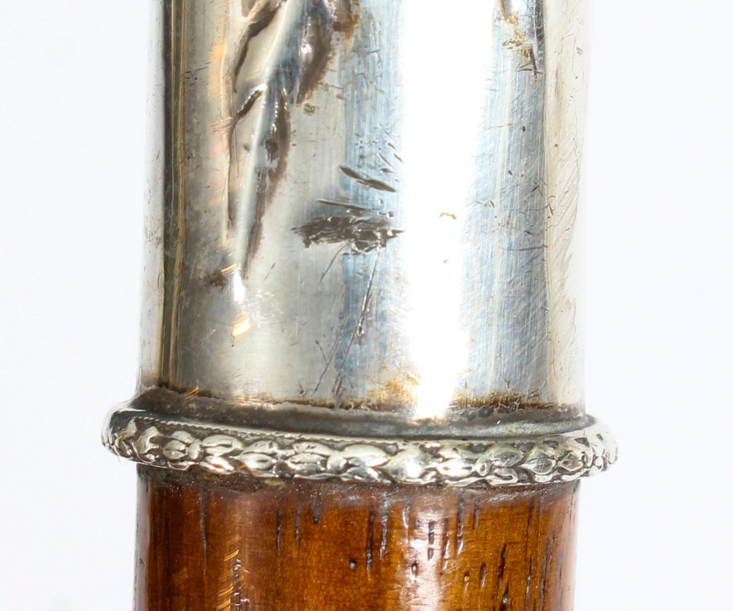 Antique French Walking Cane Stick Sterling Silver Fox Handle 19th Century In Good Condition In London, GB