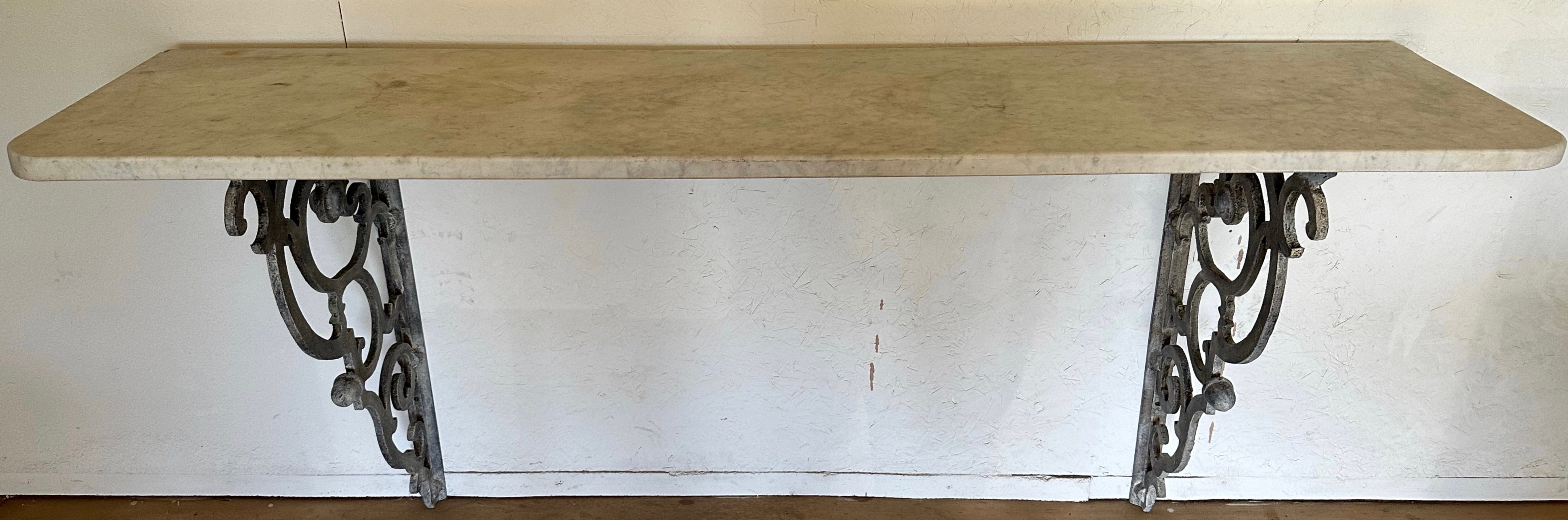 Cast Antique French Wall Hung Console Table with Marble Top For Sale