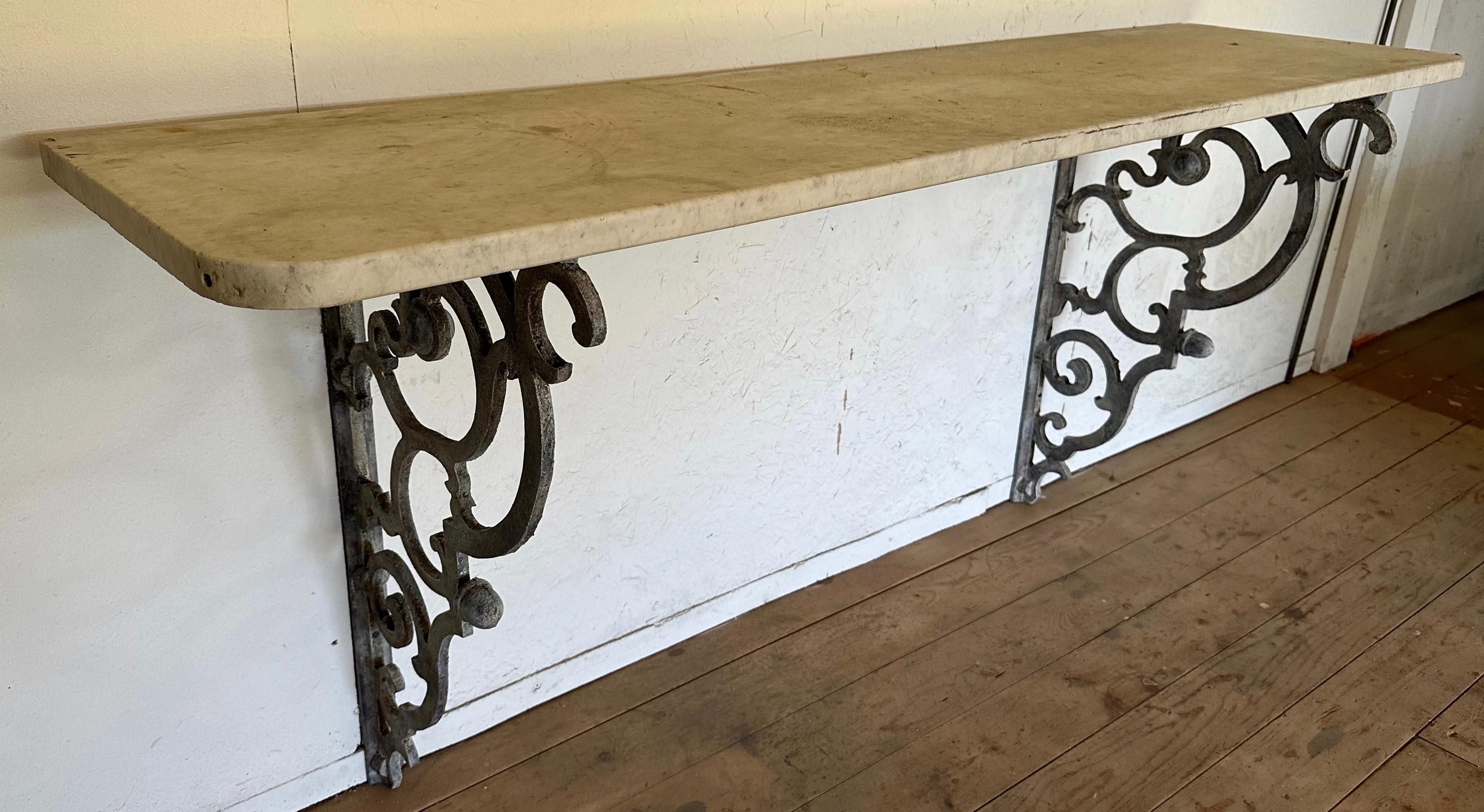 Metal Antique French Wall Hung Console Table with Marble Top For Sale