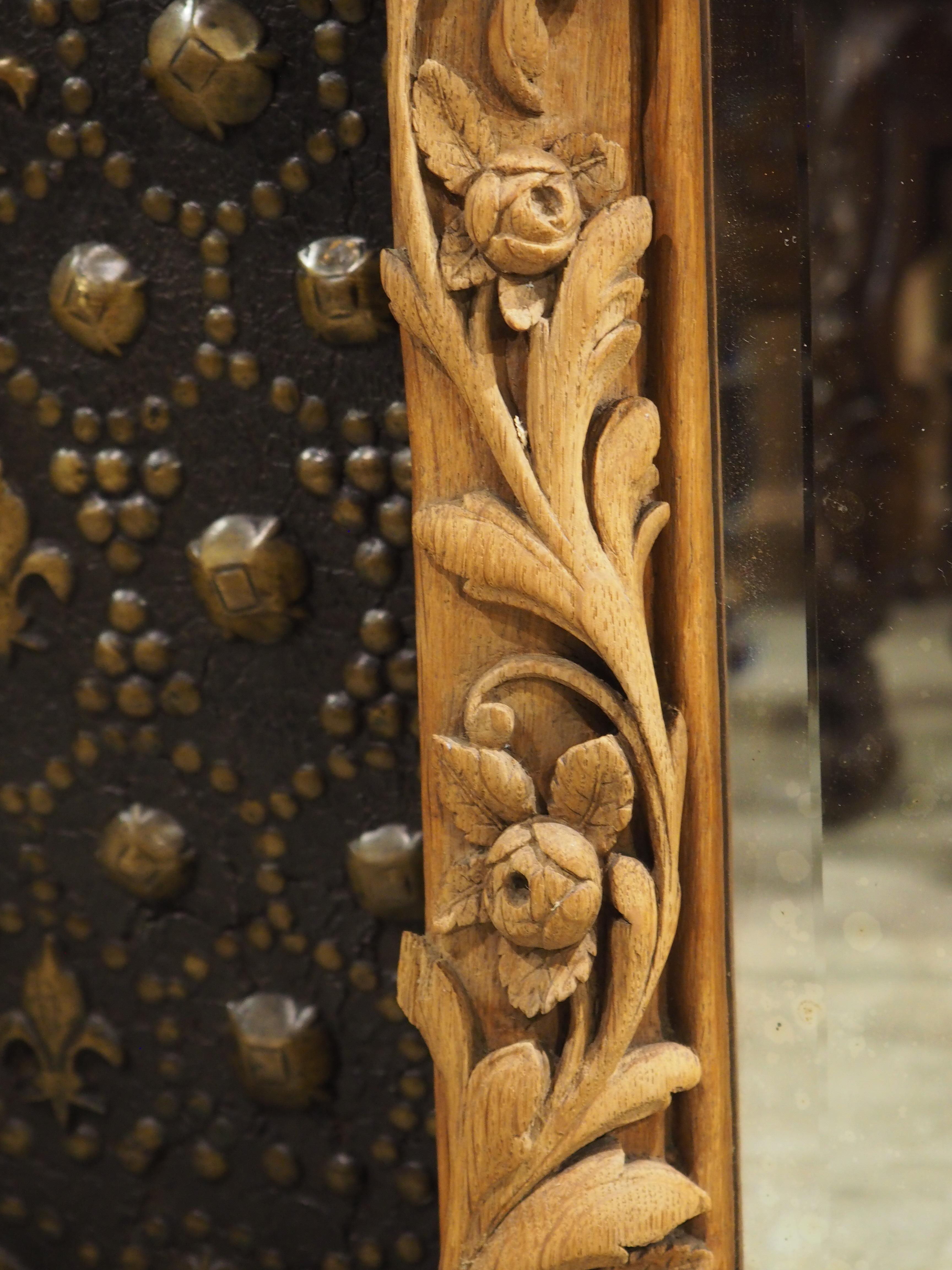 Antique French Wall Mirror in Hand Carved Natural Oak, 19th Century For Sale 6