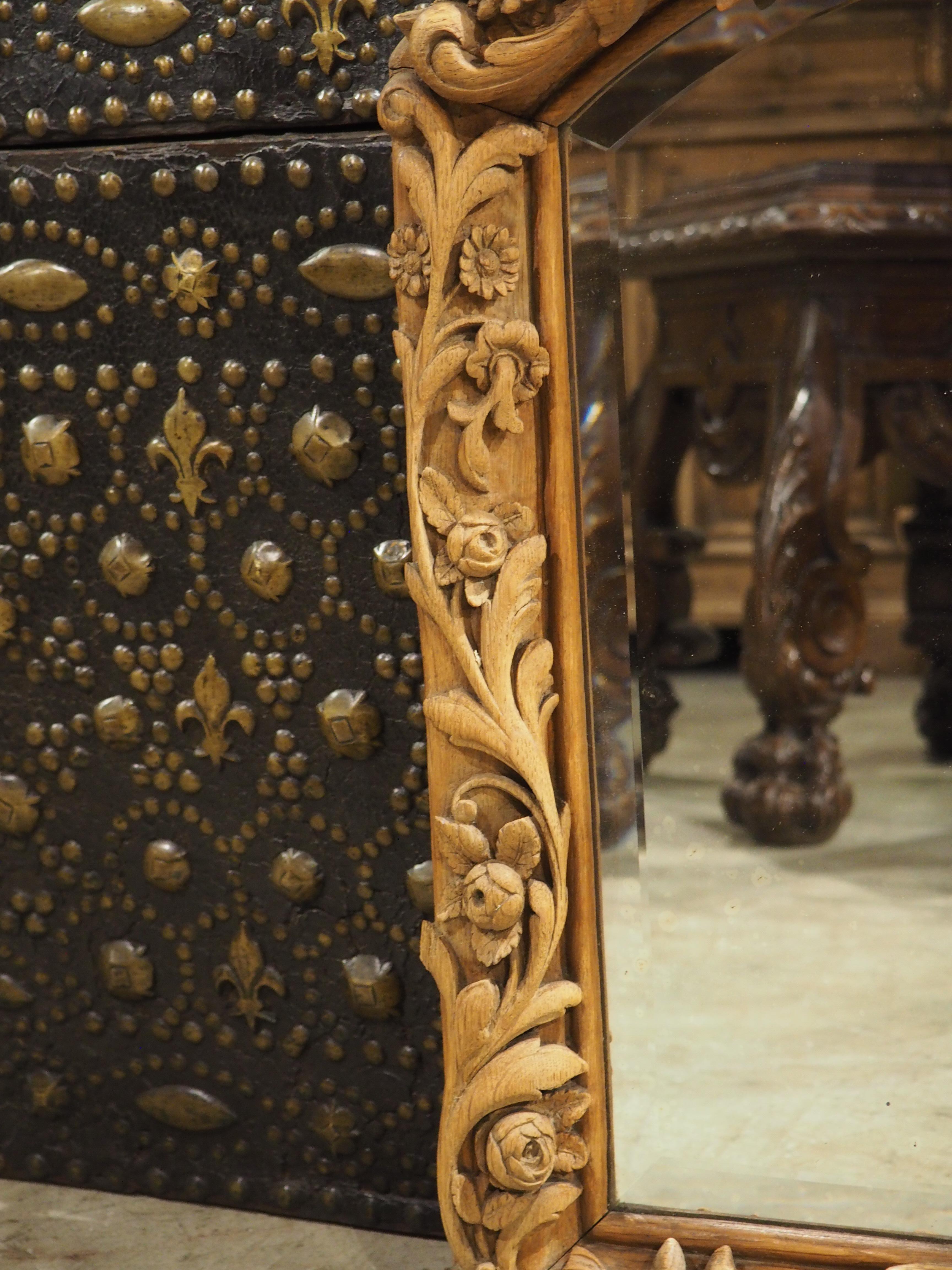 Antique French Wall Mirror in Hand Carved Natural Oak, 19th Century For Sale 8