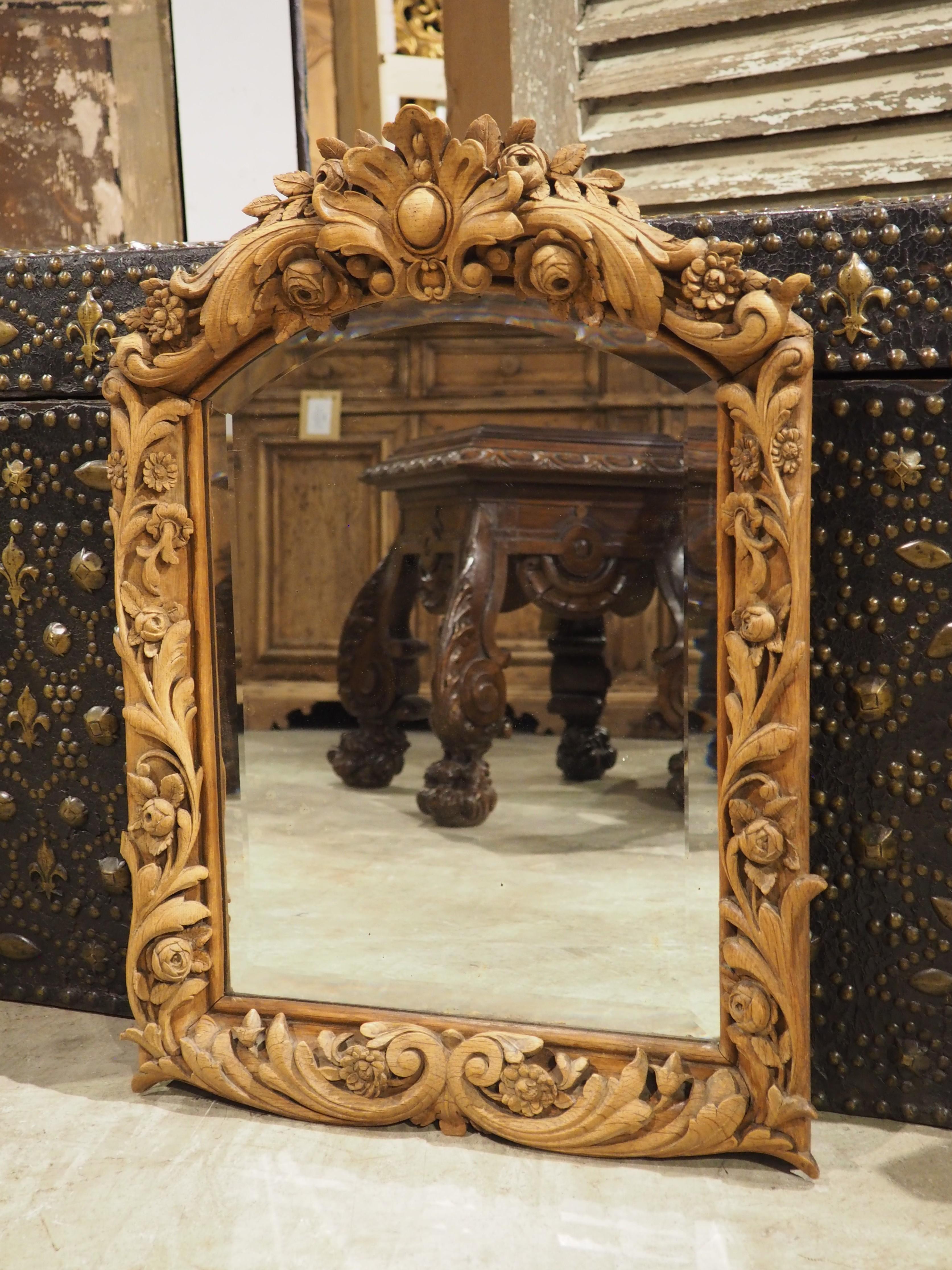 Antique French Wall Mirror in Hand Carved Natural Oak, 19th Century For Sale 9