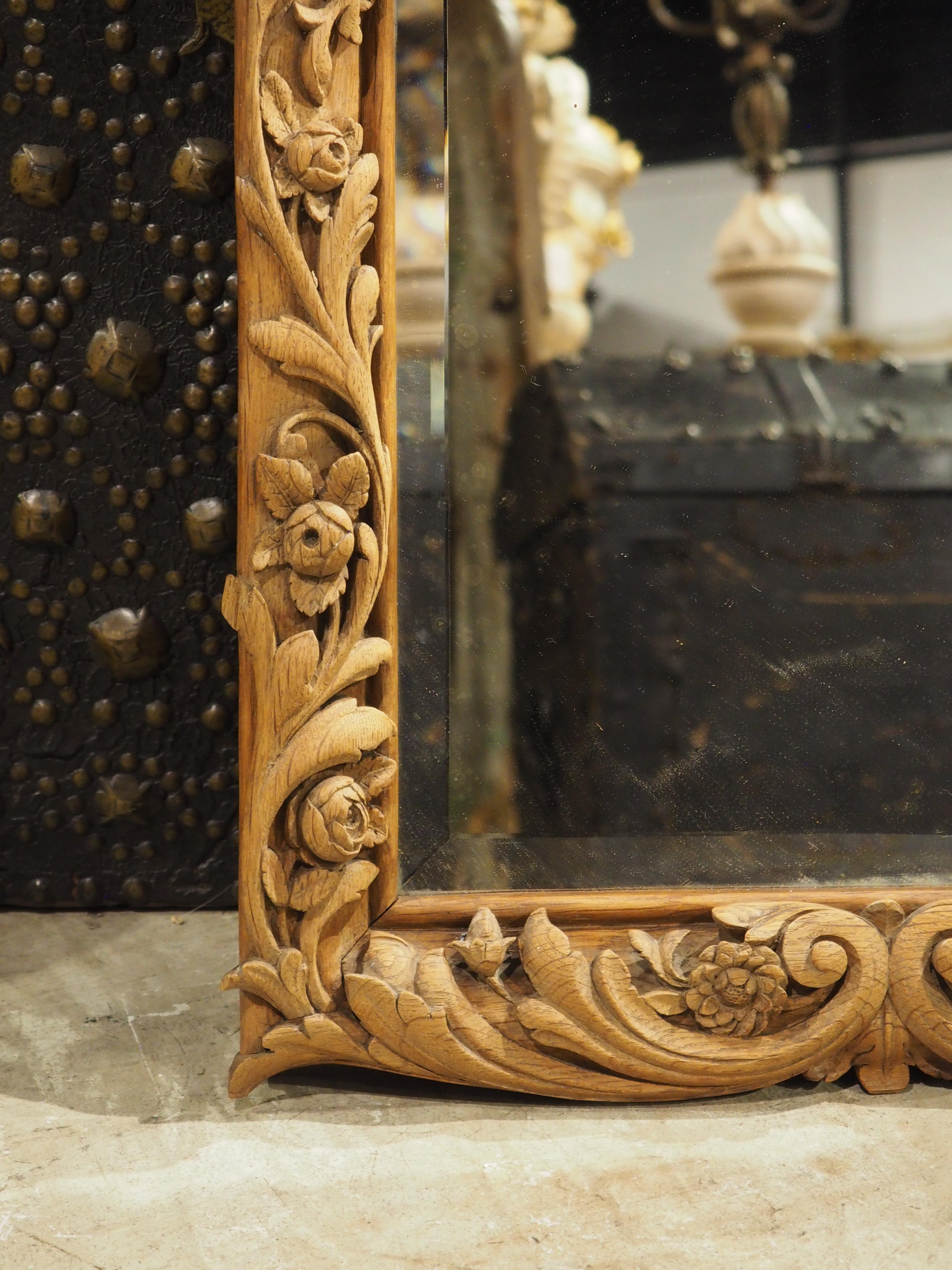 Antique French Wall Mirror in Hand Carved Natural Oak, 19th Century For Sale 15