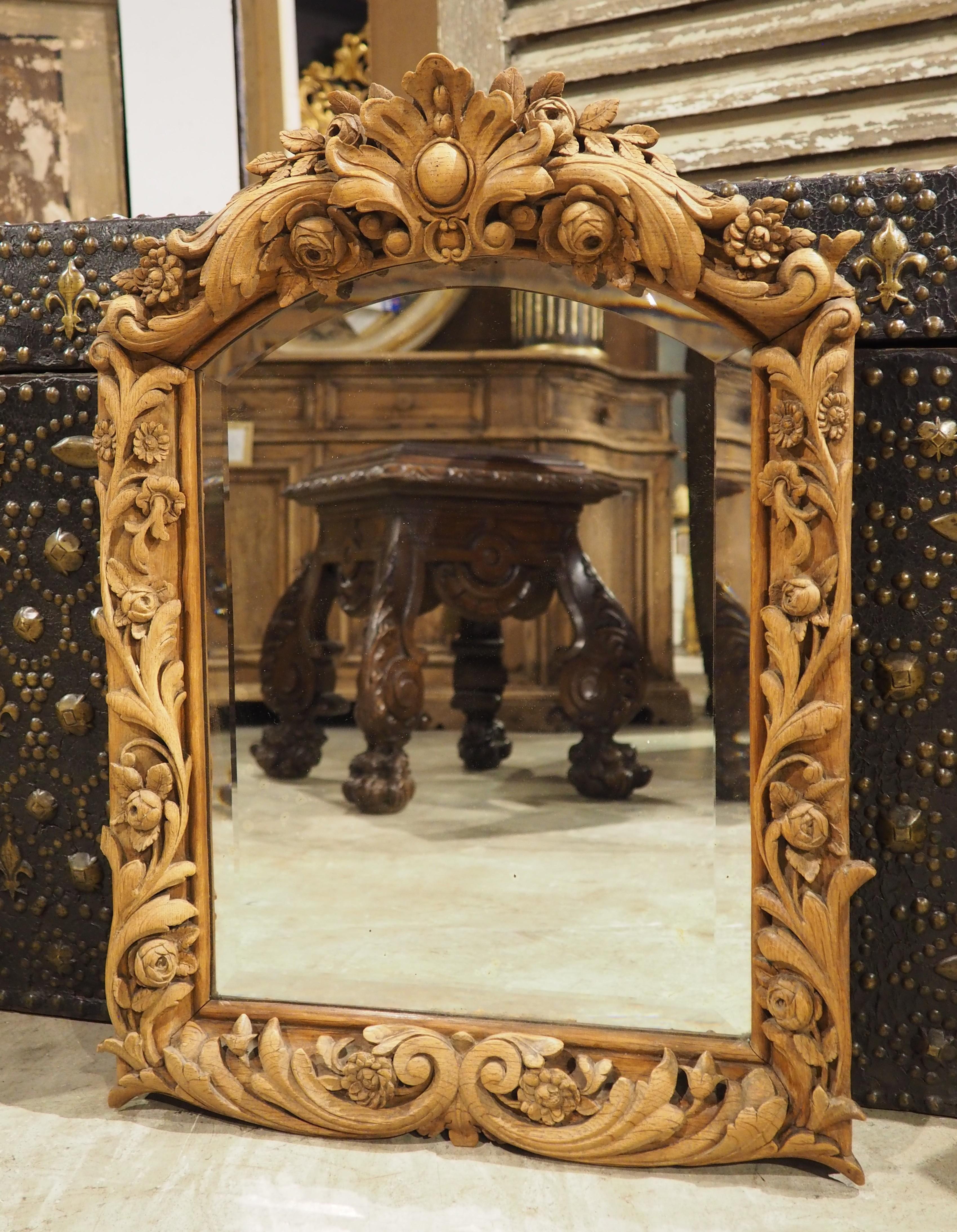 Beveled Antique French Wall Mirror in Hand Carved Natural Oak, 19th Century For Sale