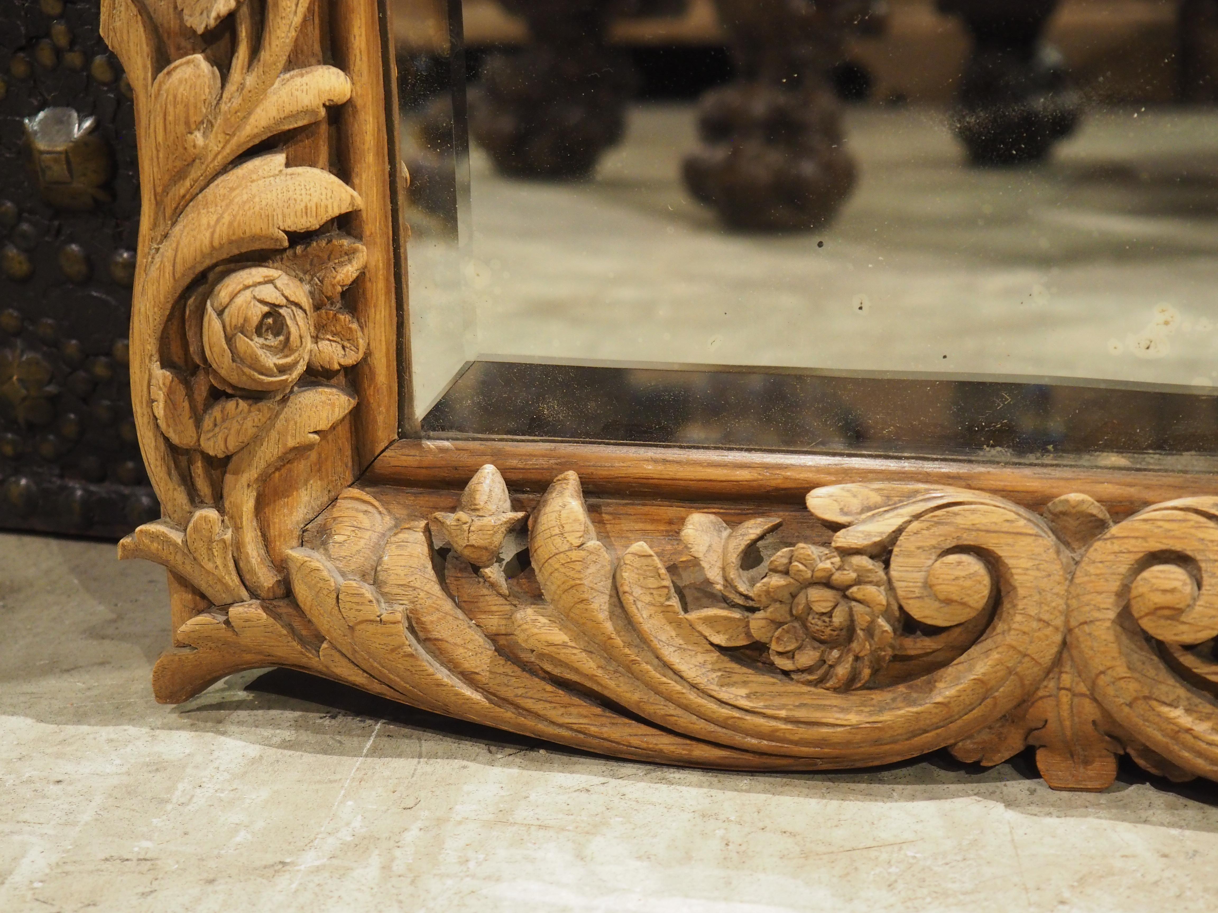 Antique French Wall Mirror in Hand Carved Natural Oak, 19th Century In Good Condition For Sale In Dallas, TX