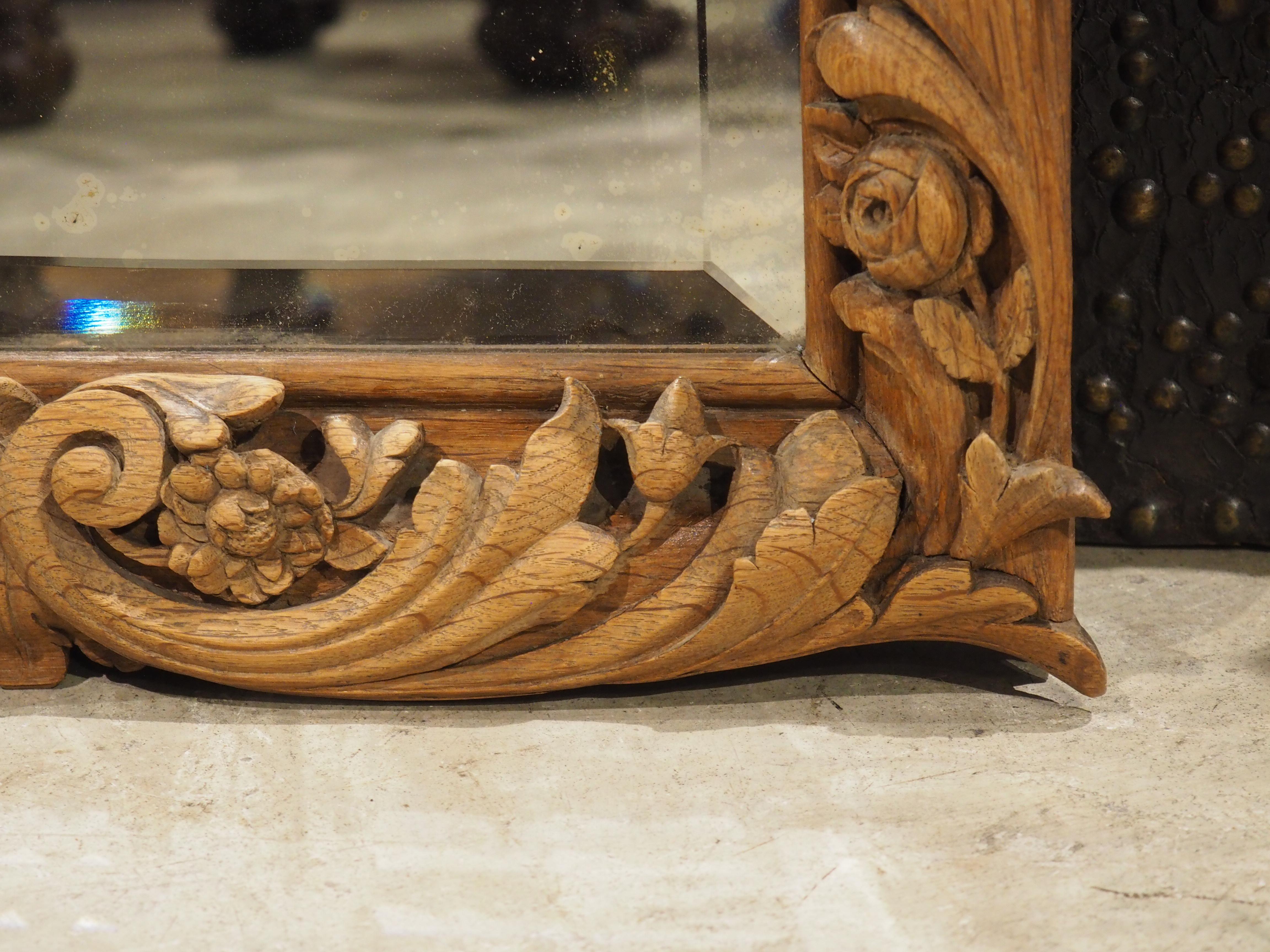 Glass Antique French Wall Mirror in Hand Carved Natural Oak, 19th Century For Sale