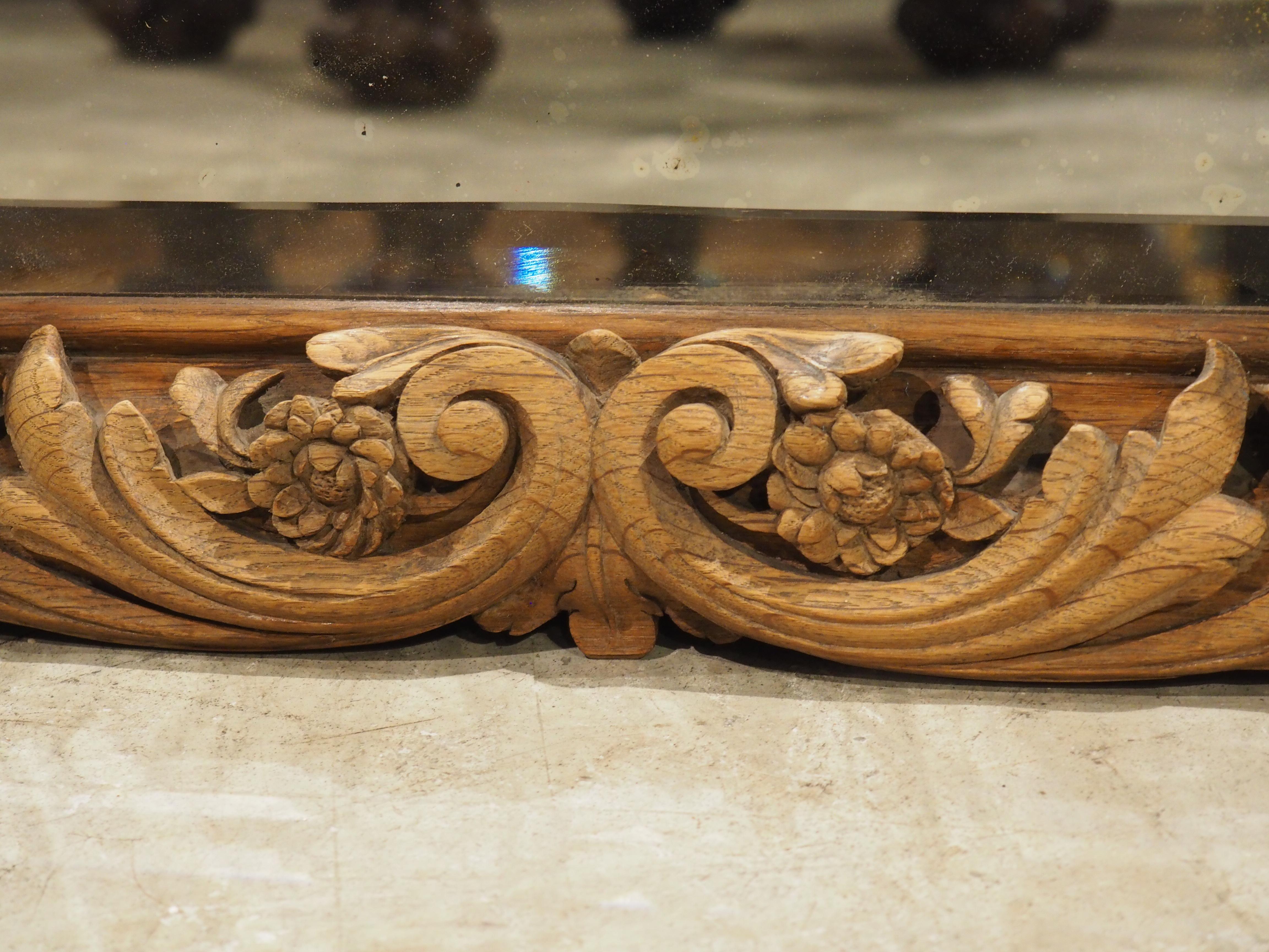 Antique French Wall Mirror in Hand Carved Natural Oak, 19th Century For Sale 1