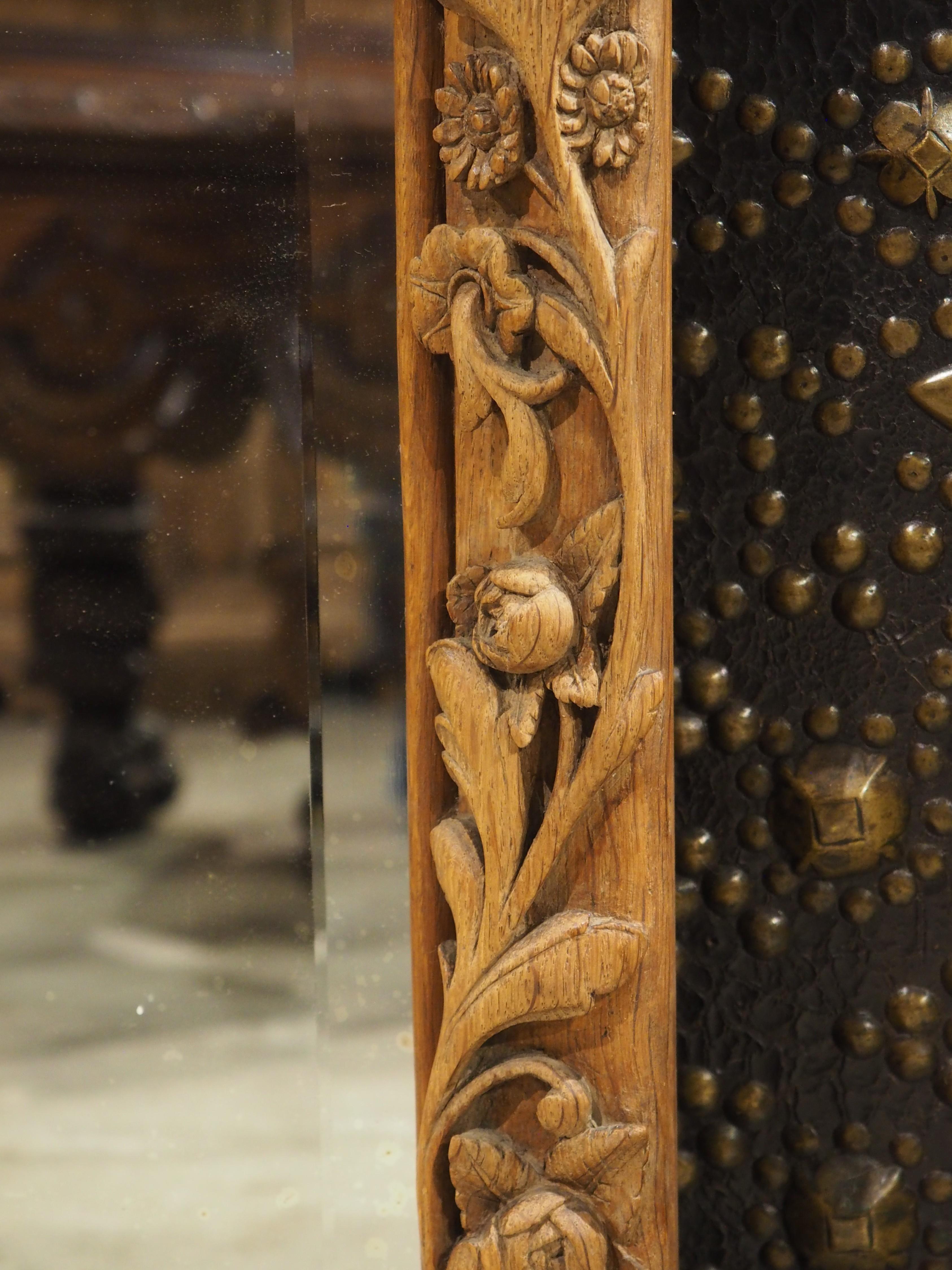 Antique French Wall Mirror in Hand Carved Natural Oak, 19th Century For Sale 2