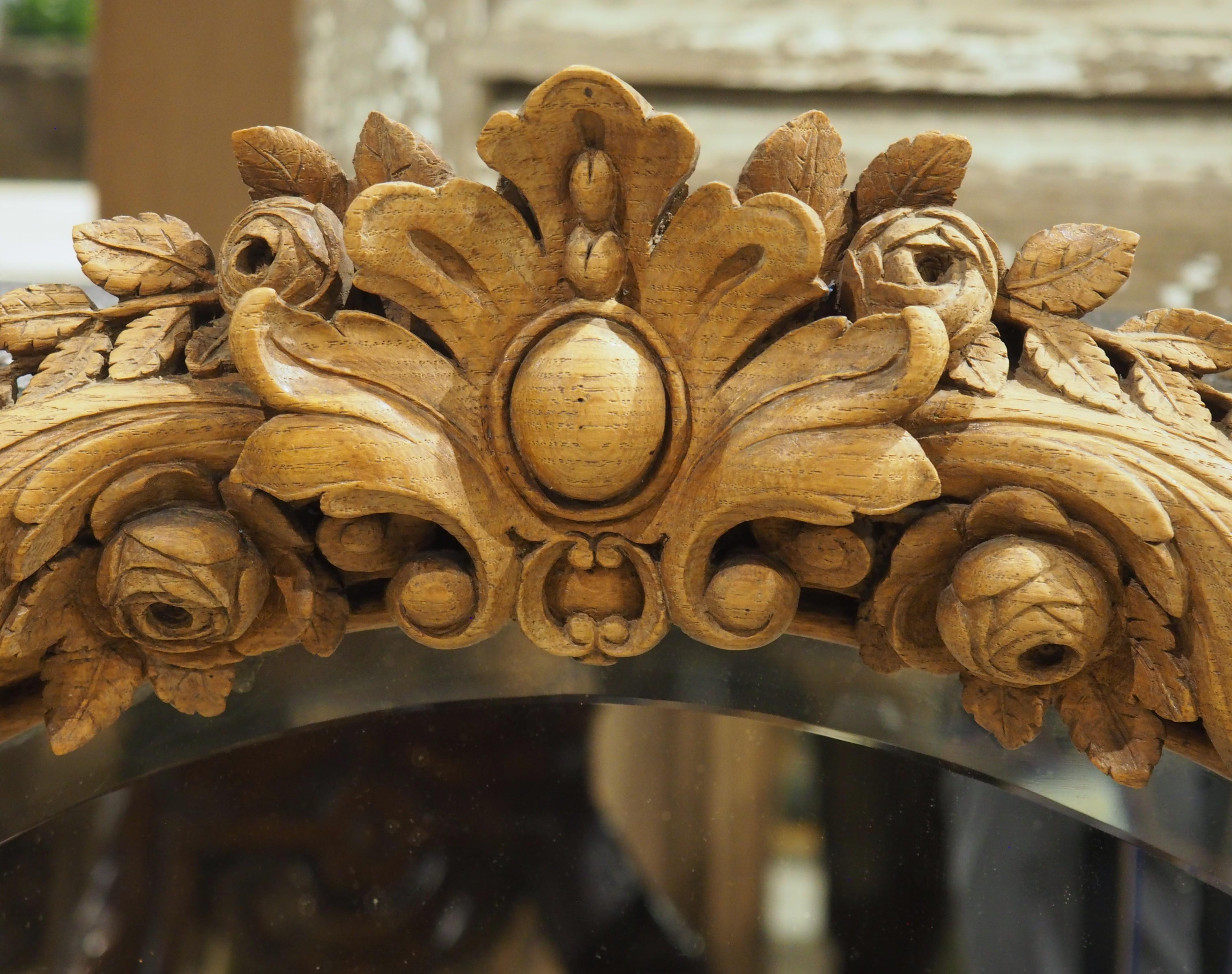 Antique French Wall Mirror in Hand Carved Natural Oak, 19th Century For Sale 4