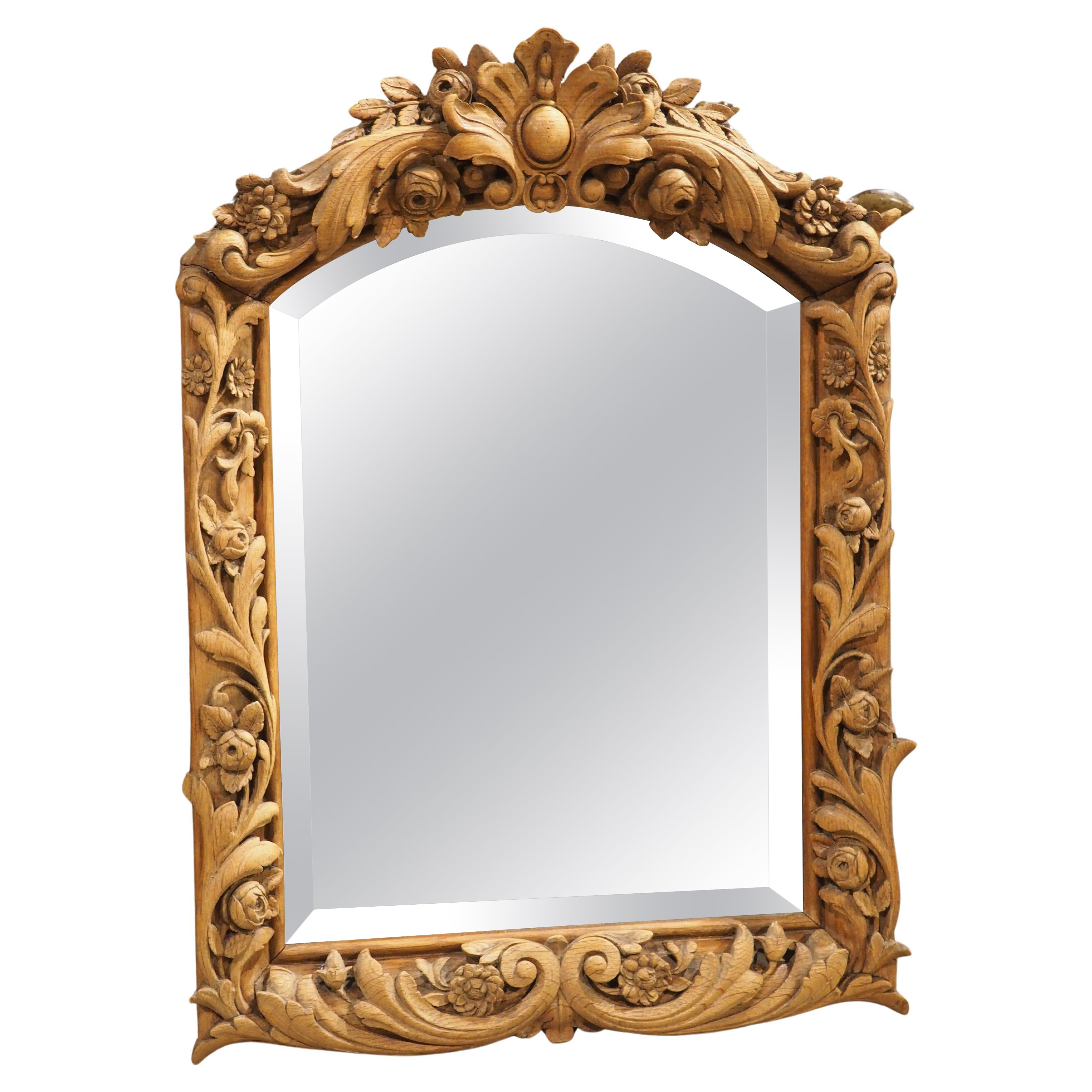 Antique French Wall Mirror in Hand Carved Natural Oak, 19th Century