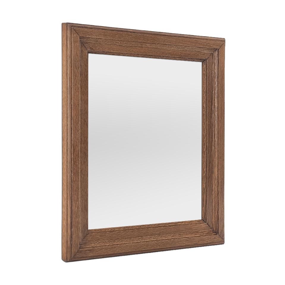 Antique French wall mirror in carved natural light oak wood. Frame width: 7 cm / 2.75 in. Modern glass mirror. Wooden rear panel.