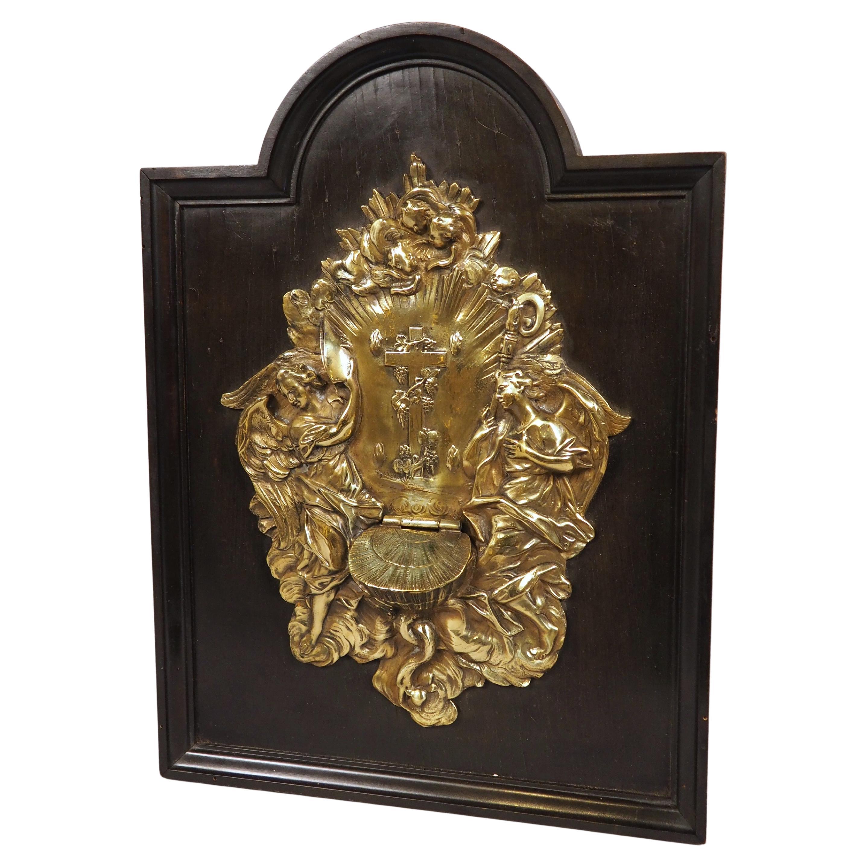 Antique French Wall Mountounted Bronze Gilt Holy Water Stoup on Panel, 19ème siècle
