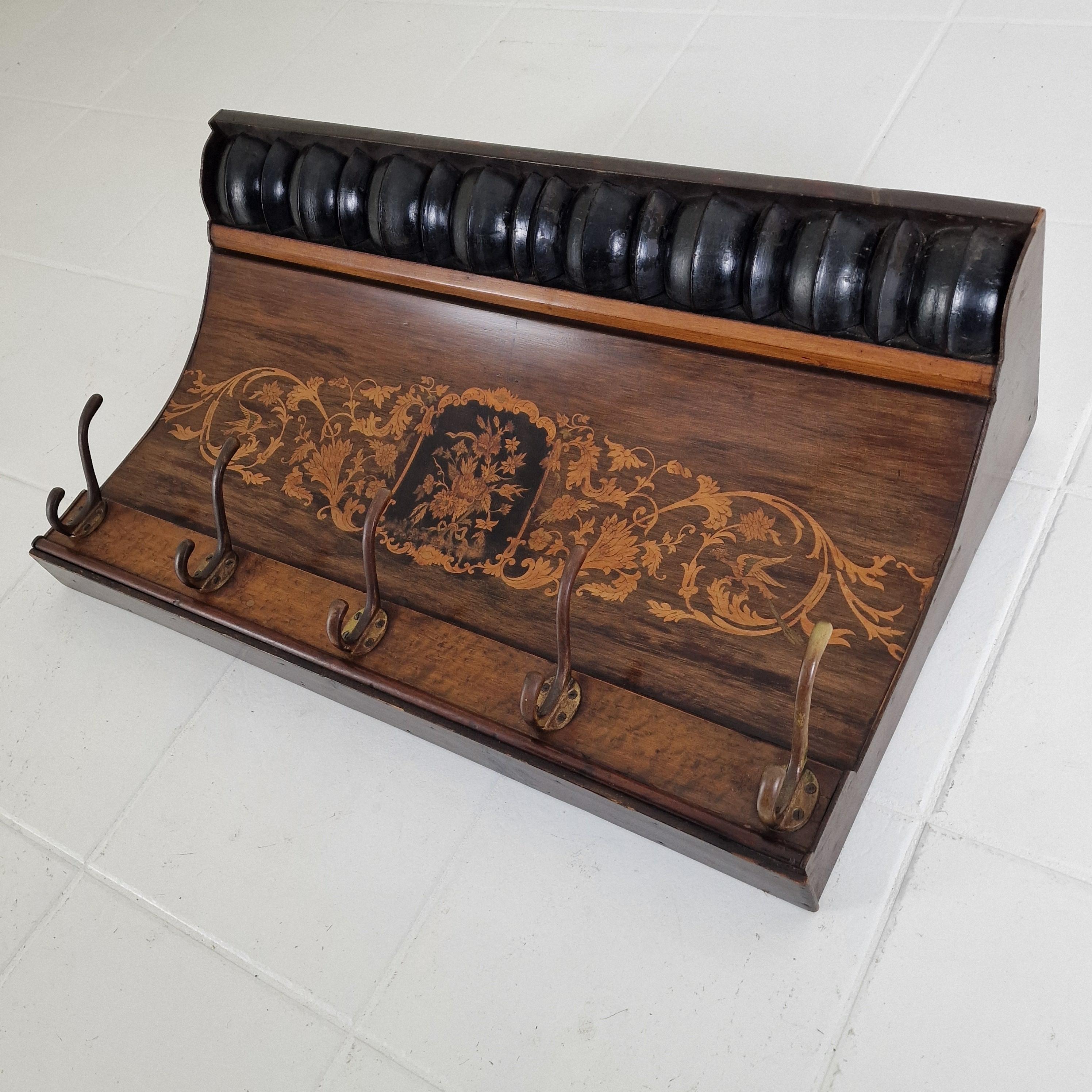 Francese Antique French Wall Rack with Floral Marquetry, 19th Century in vendita