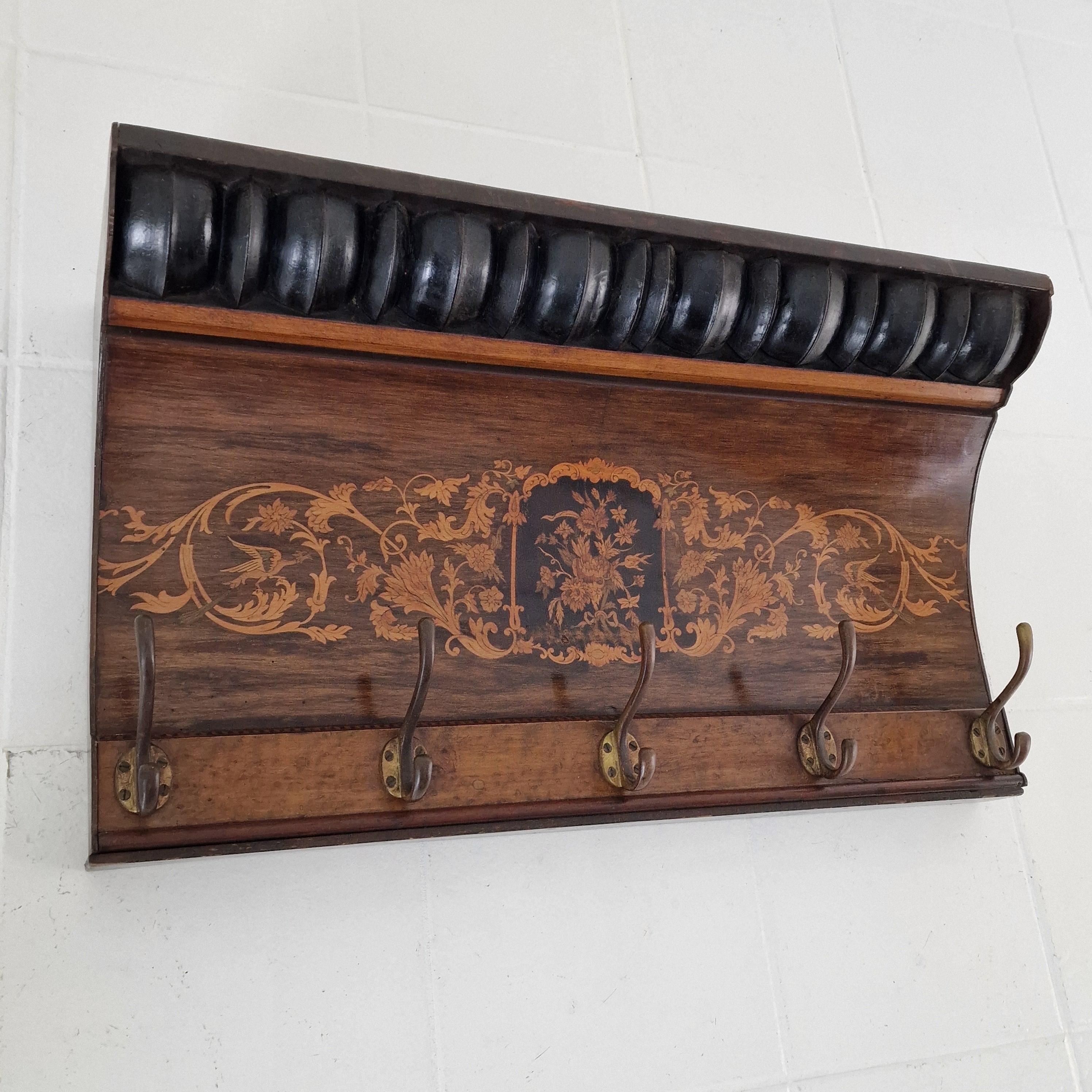 Fatto a mano Antique French Wall Rack with Floral Marquetry, 19th Century in vendita