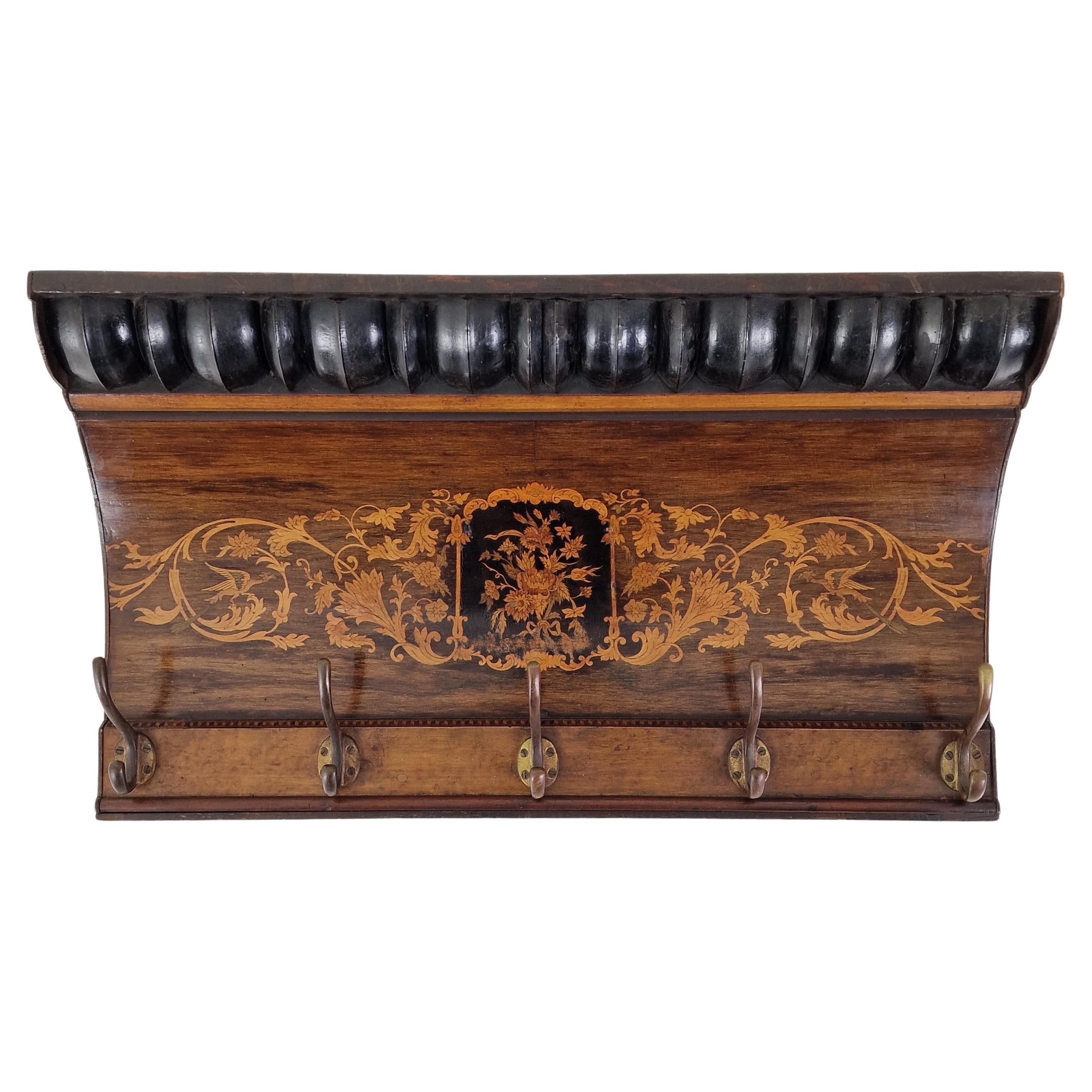 Antique French Wall Rack with Floral Marquetry, 19th Century in vendita
