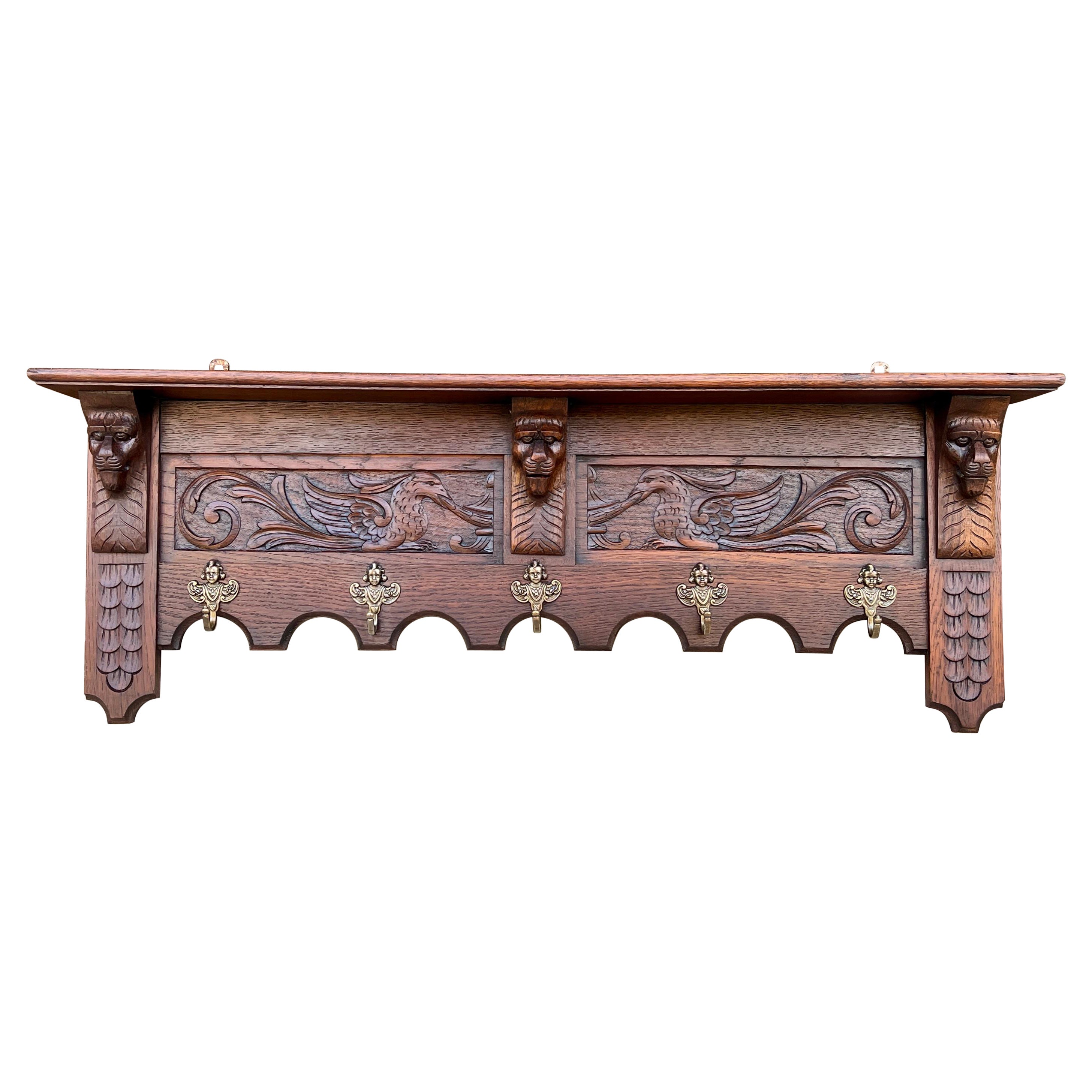 Antique French Wall Shelf Hat Coat Rack Oak c 1930s
