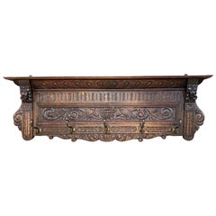 Antique French Wall Shelf Plate Rack Coat Hat Pot Rack Lions Oak 5 Hooks 44.25"W