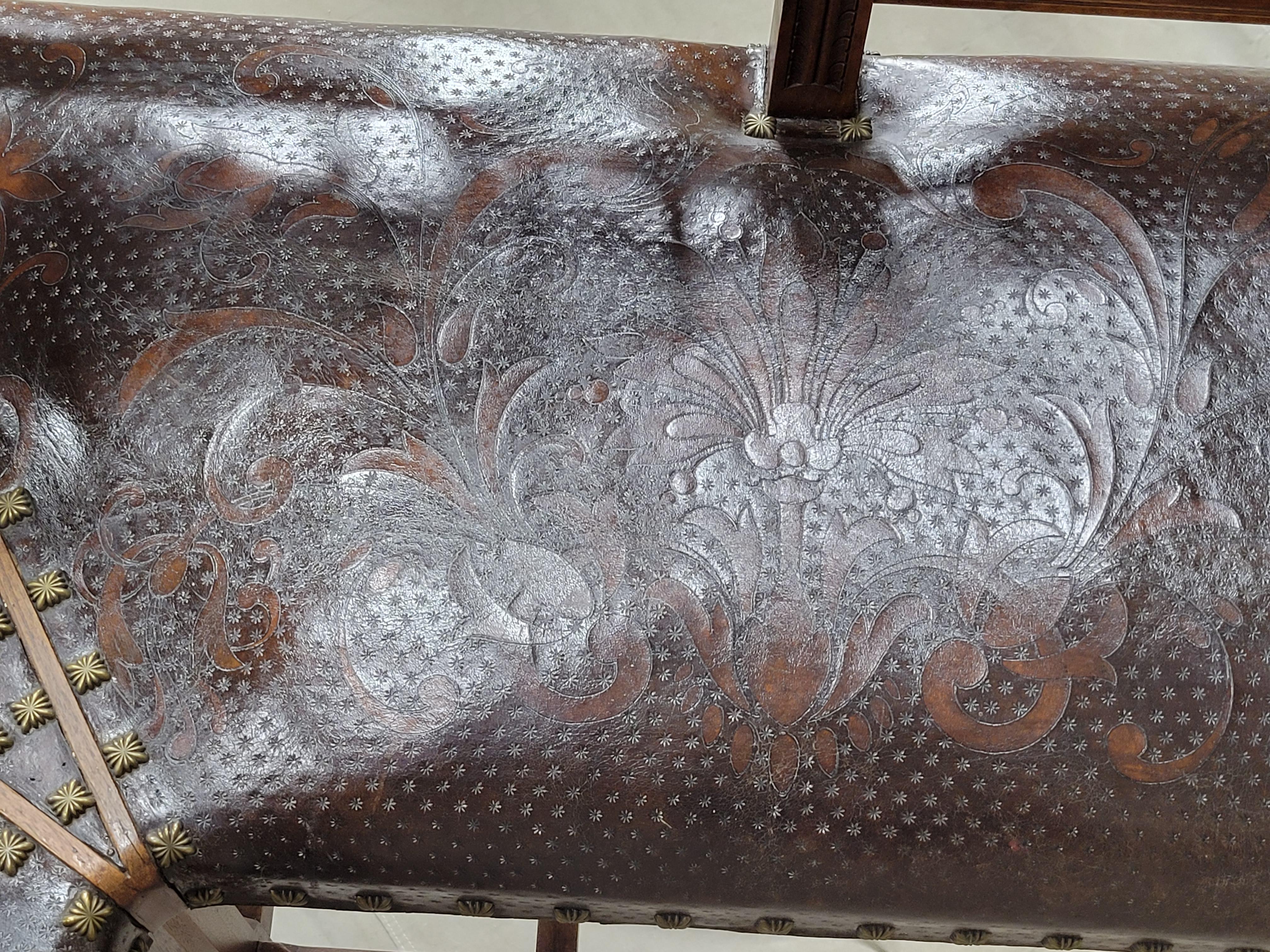 Antique French Walnut and Original Tooled Leather Corner Banquette Bench 2