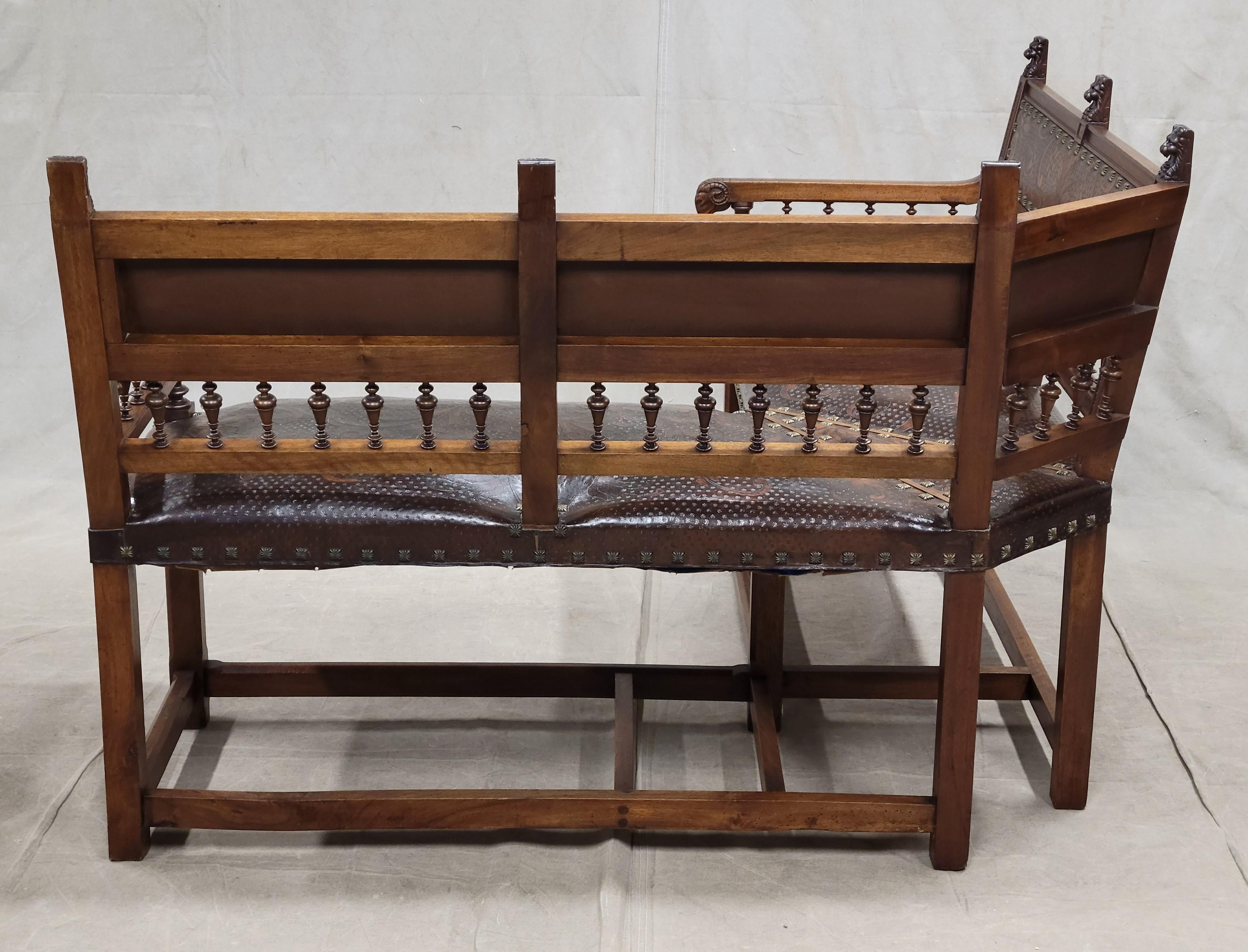 Antique French Walnut and Original Tooled Leather Corner Banquette Bench 4