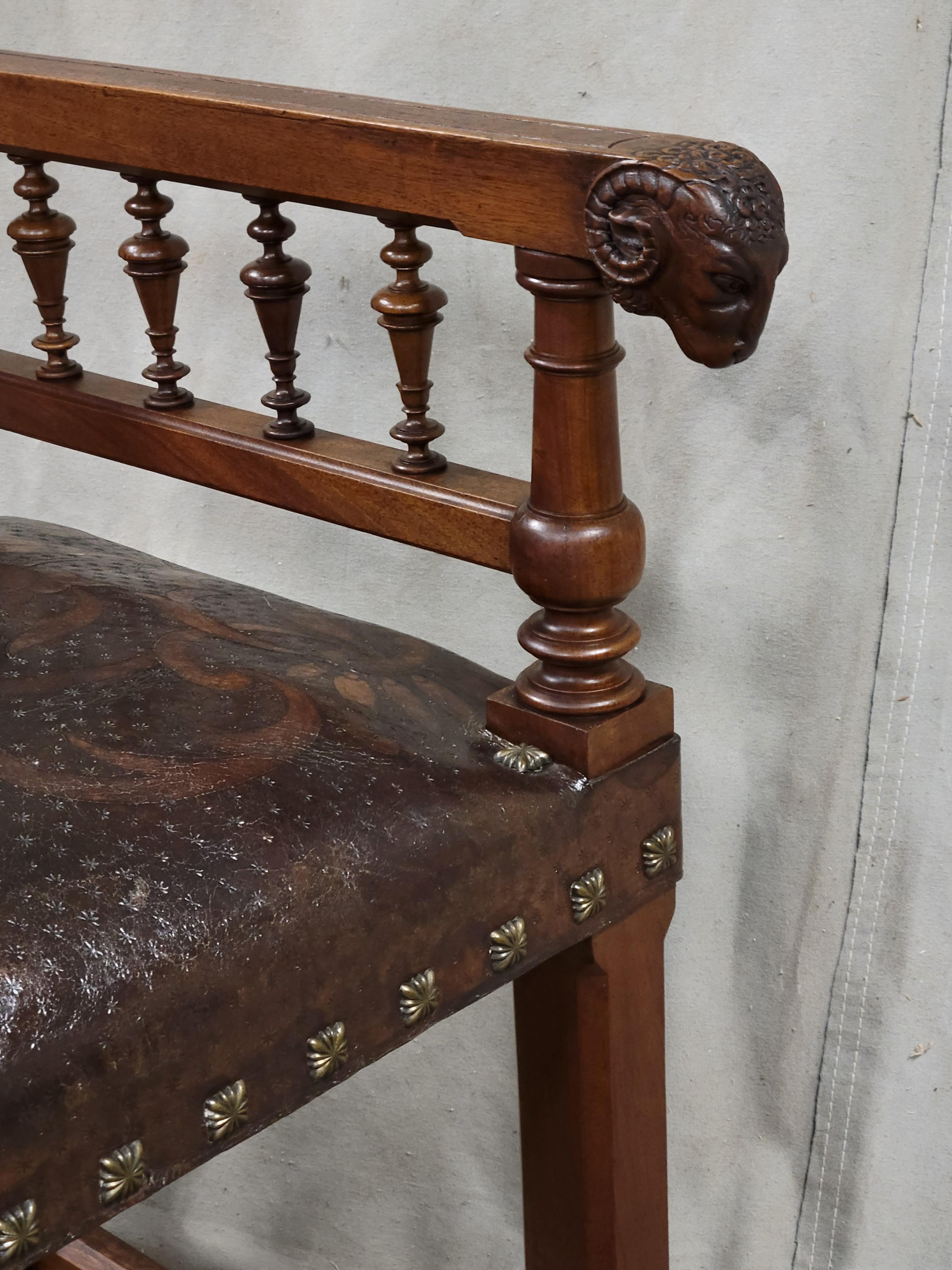 Antique French Walnut and Original Tooled Leather Corner Banquette Bench 8