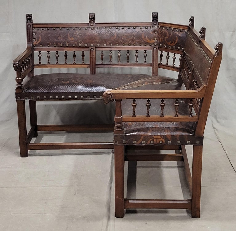 Antique French Walnut and Original Tooled Leather Corner Banquette Bench For Sale at 1stDibs