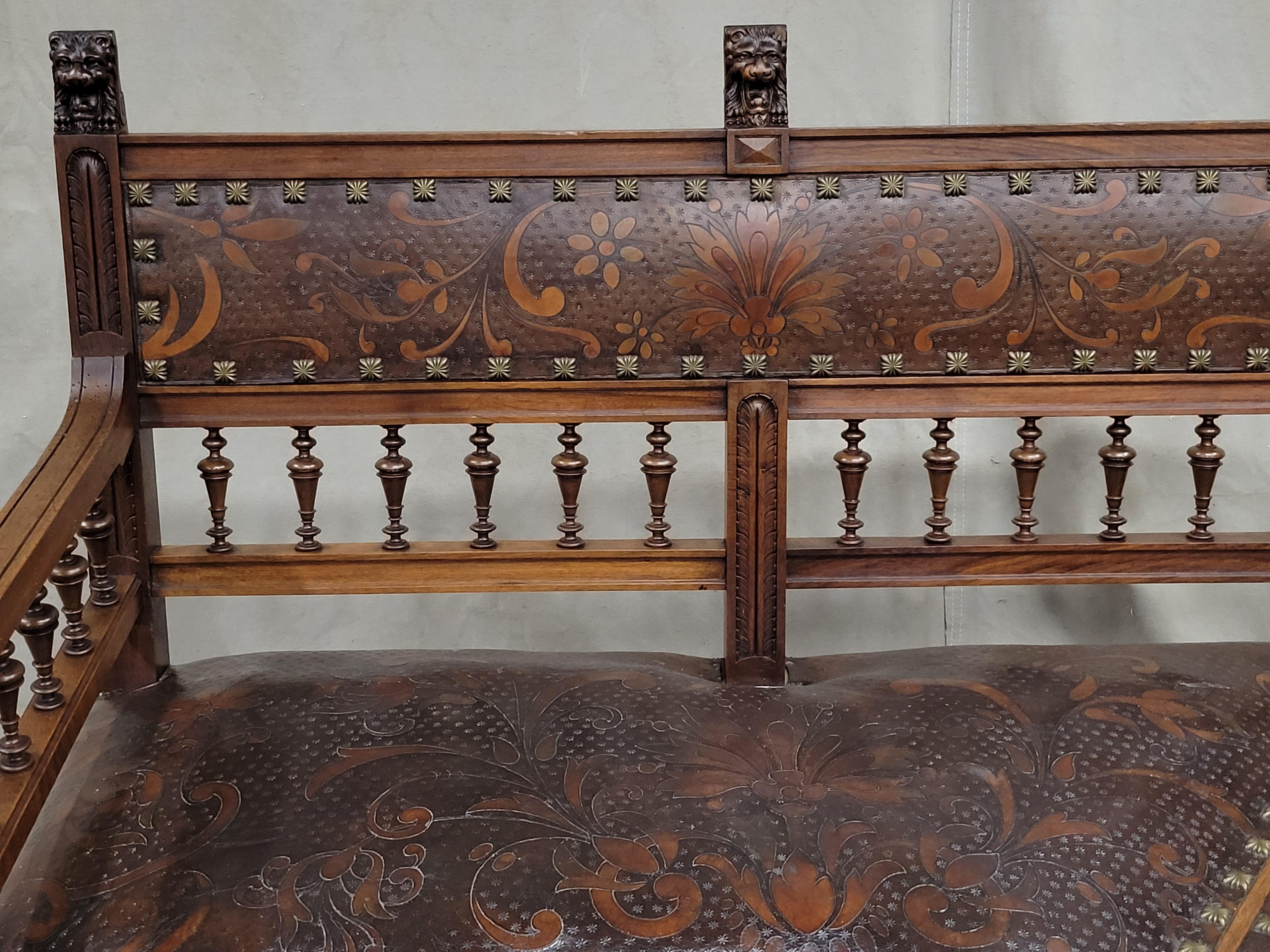 Hand-Crafted Antique French Walnut and Original Tooled Leather Corner Banquette Bench