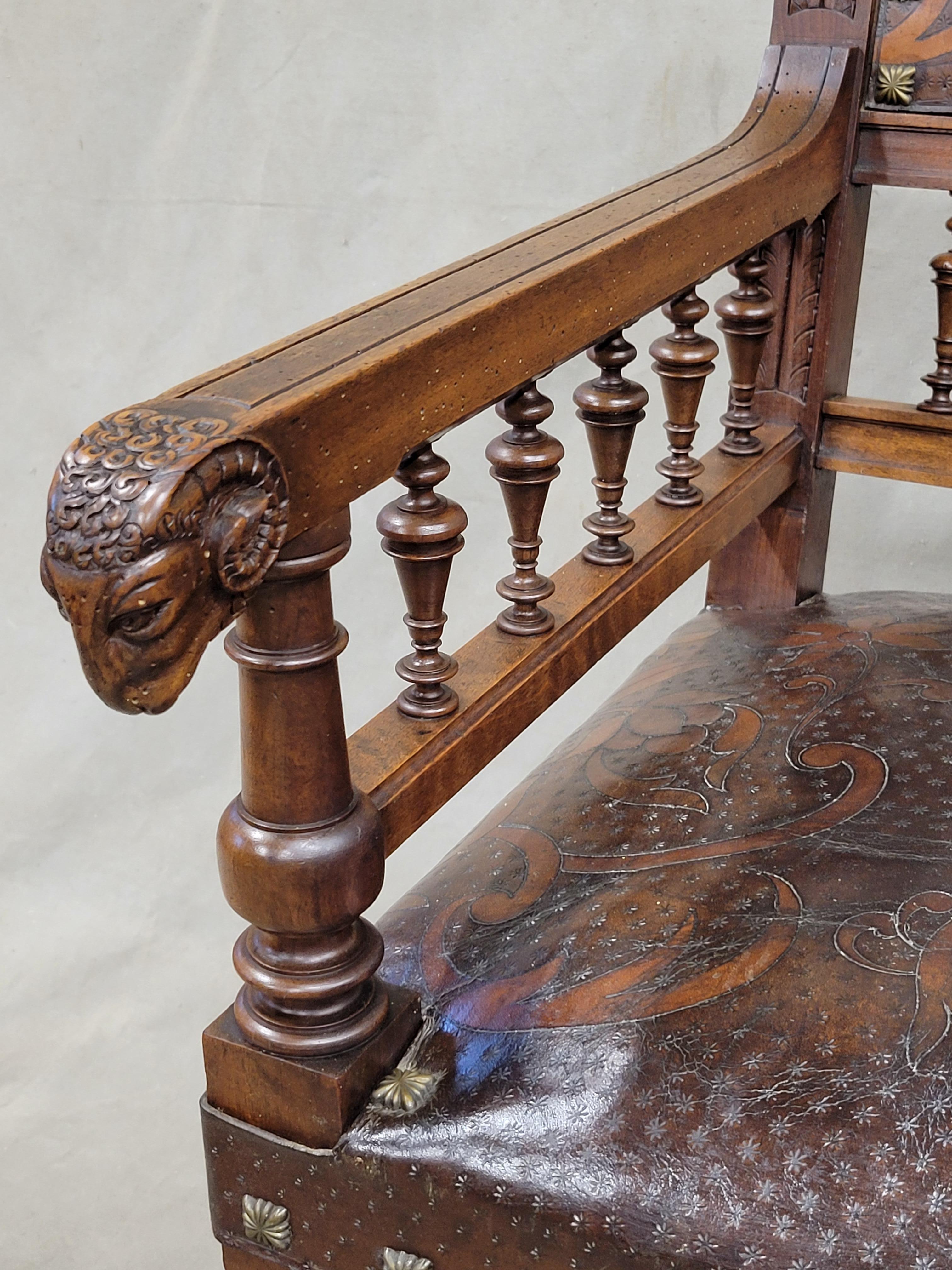 Antique French Walnut and Original Tooled Leather Corner Banquette Bench In Good Condition In Centennial, CO