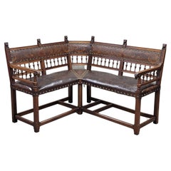 Antique French Walnut and Original Tooled Leather Corner Banquette Bench