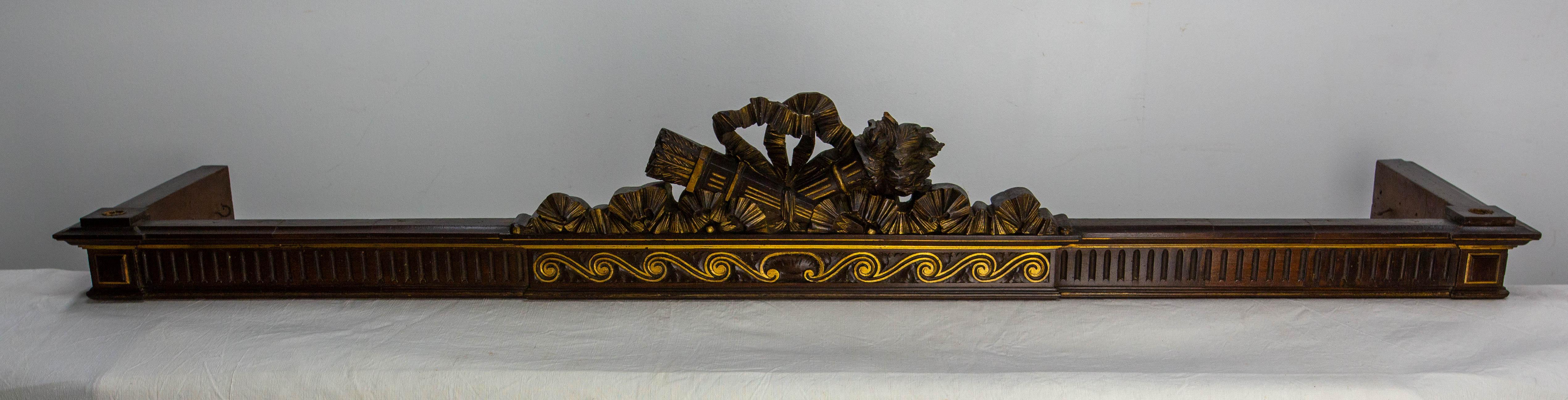 Antique canopy bed in the Louis XVI style. 
Ideal for hanging curtains on the bed wall.
Carved motifs enhanced with gold paint.
Hooks are set inside the frame for hanging curtains.
A small loss on one sculpture, not disturbing (please see last