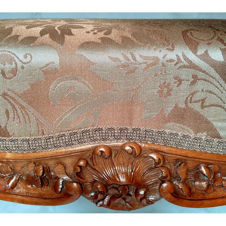 Fabric Antique French Walnut Bench with Pink Silk Upholstery, Circa 1880 For Sale