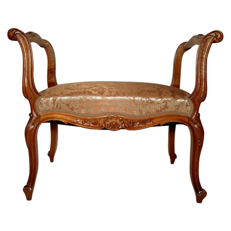 Antique French Walnut Bench with Pink Silk Upholstery, Circa 1880