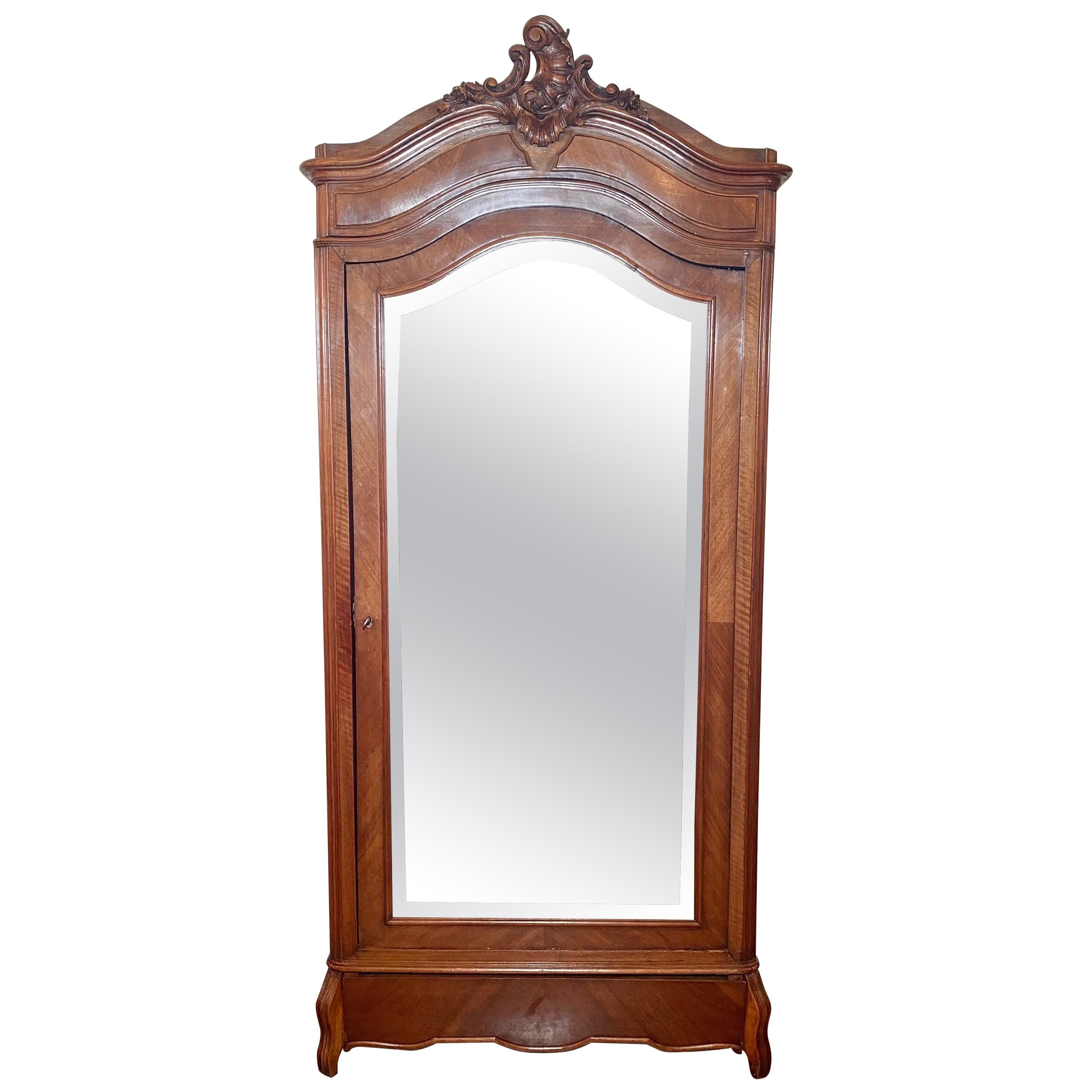 Antique French Walnut Beveled Mirror Armoire, circa 1900