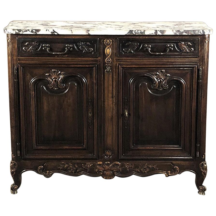 Antique French Walnut Buffet, Louis XV Serpentine with Marble Top