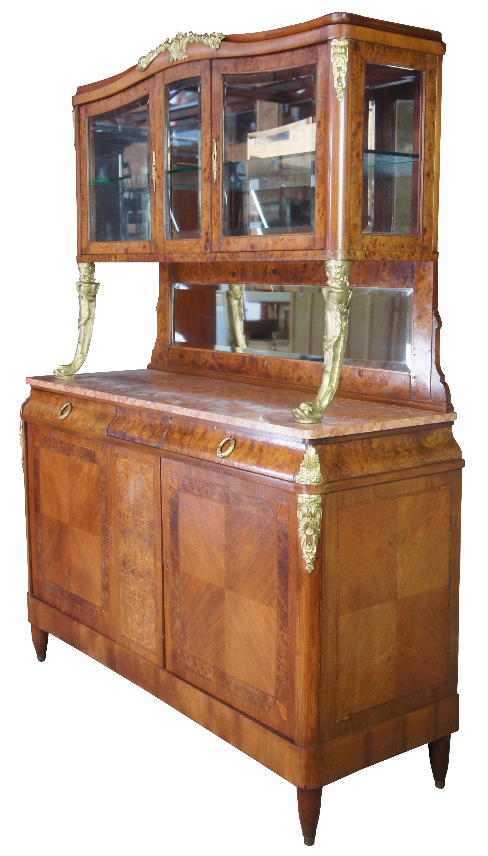 Neoclassical Antique French Walnut Burr Travertine & Bronze Sideboard Server Bar Back Buffet