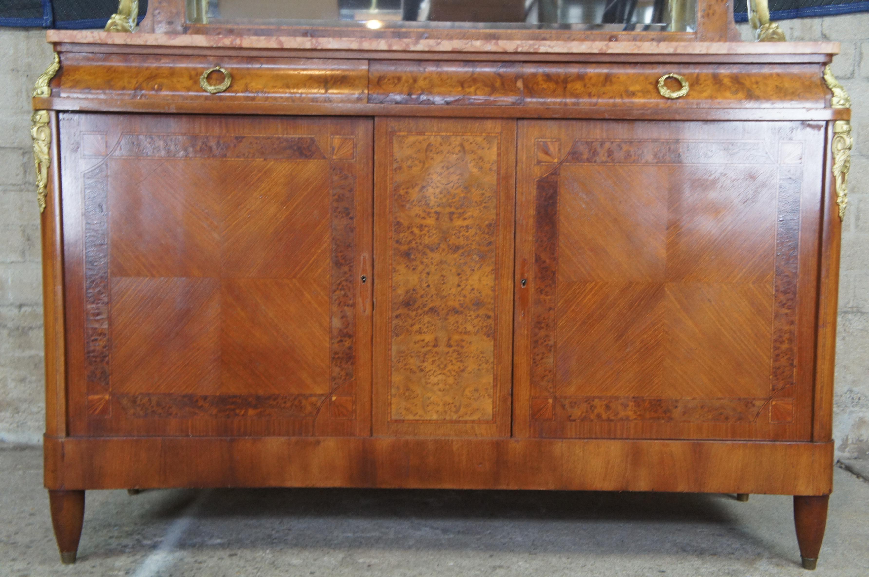 Antique French Walnut Burr Travertine & Bronze Sideboard Server Bar Back Buffet In Good Condition In Dayton, OH
