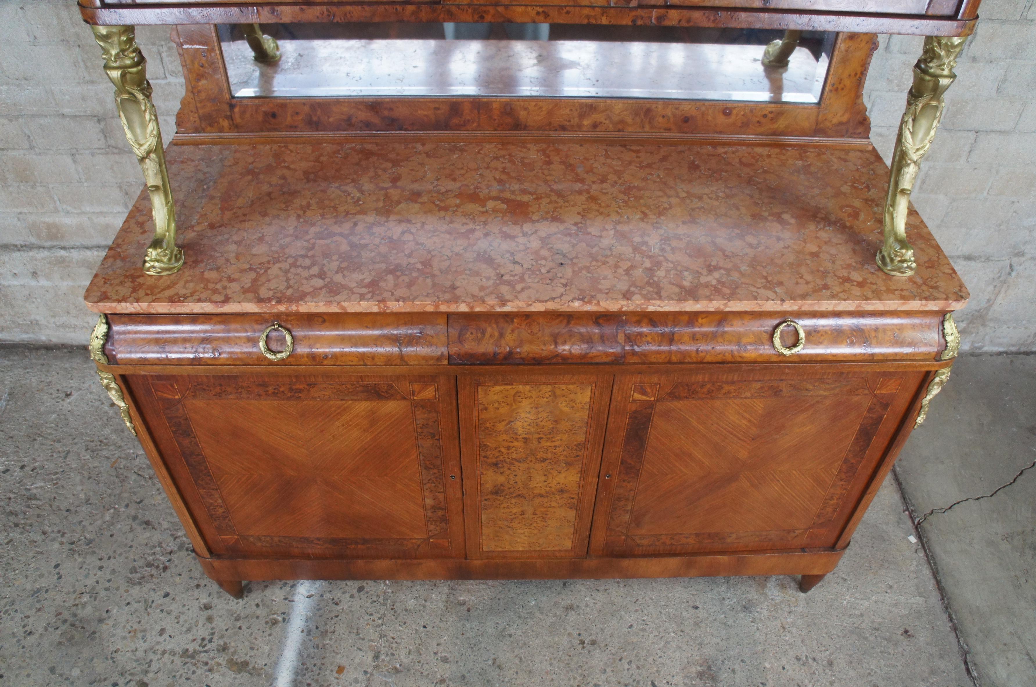 20th Century Antique French Walnut Burr Travertine & Bronze Sideboard Server Bar Back Buffet