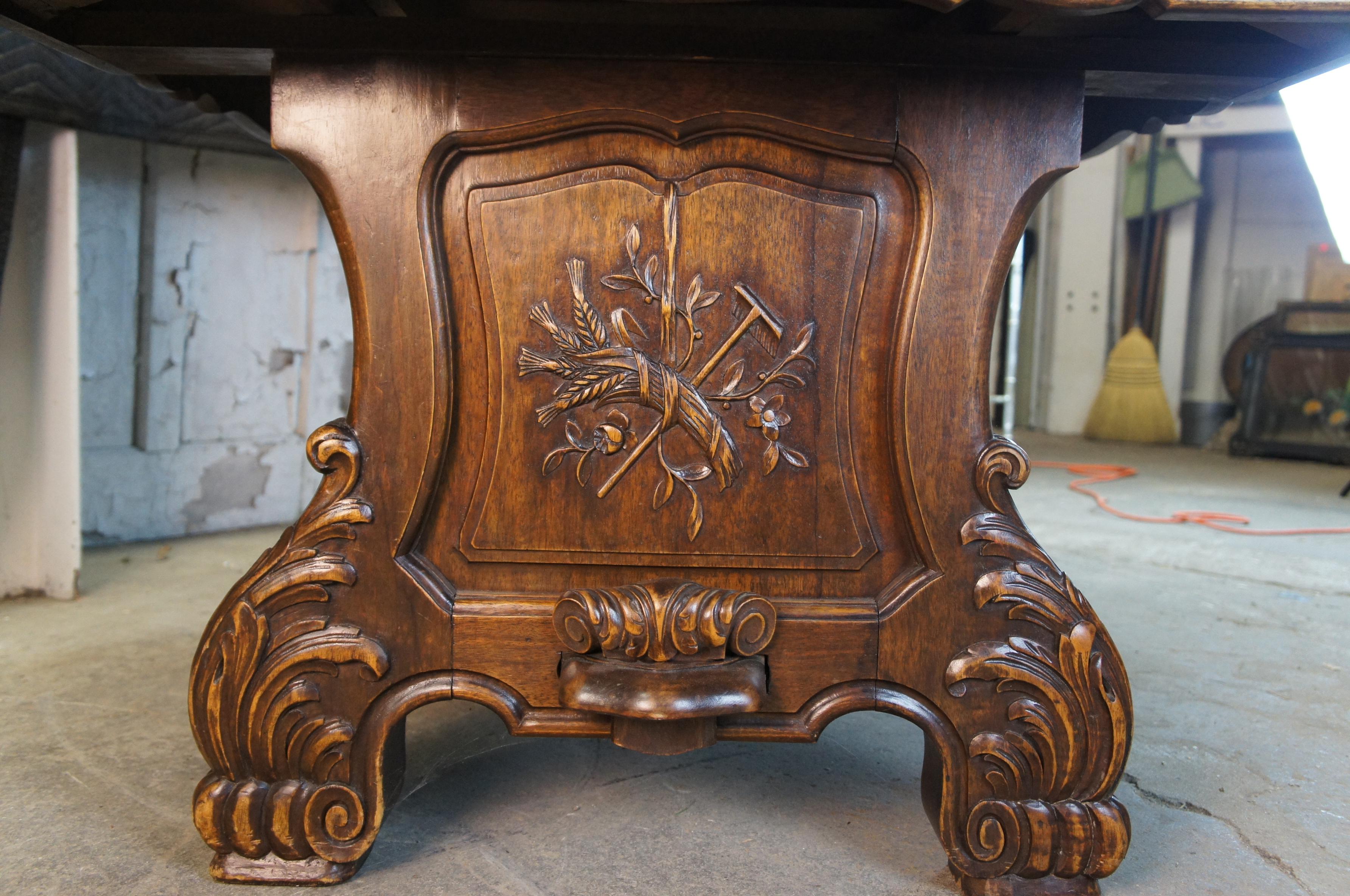 Antique French Walnut Carved Draw Leaf Extendable Dining Table Parquetry Top 106 For Sale 4