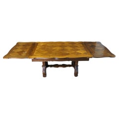 Antique French Walnut Carved Draw Leaf Extendable Dining Table Parquetry Top 106