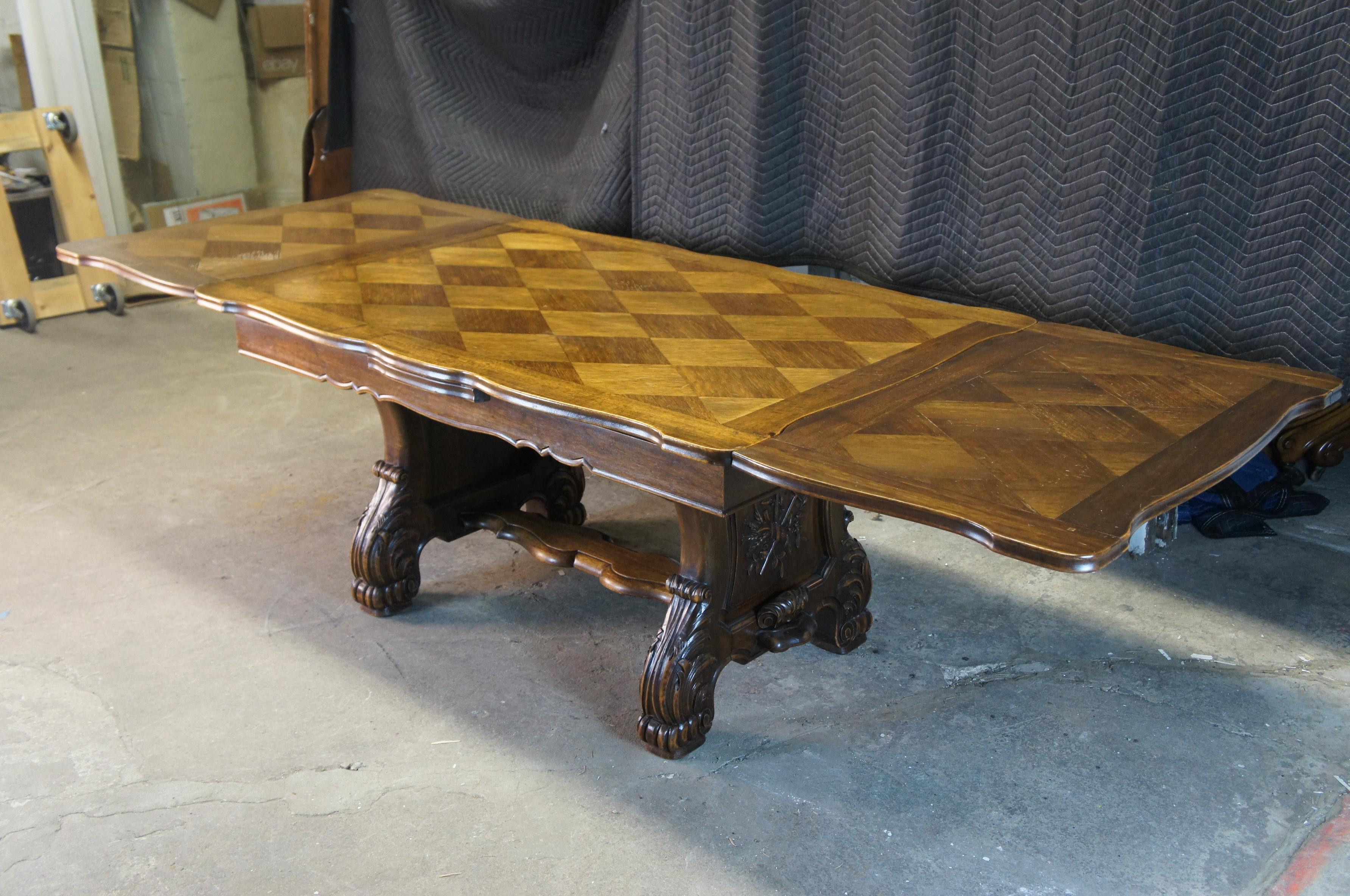 French Provincial Antique French Walnut Carved Draw Leaf Extendable Dining Table Parquetry Top 106 For Sale