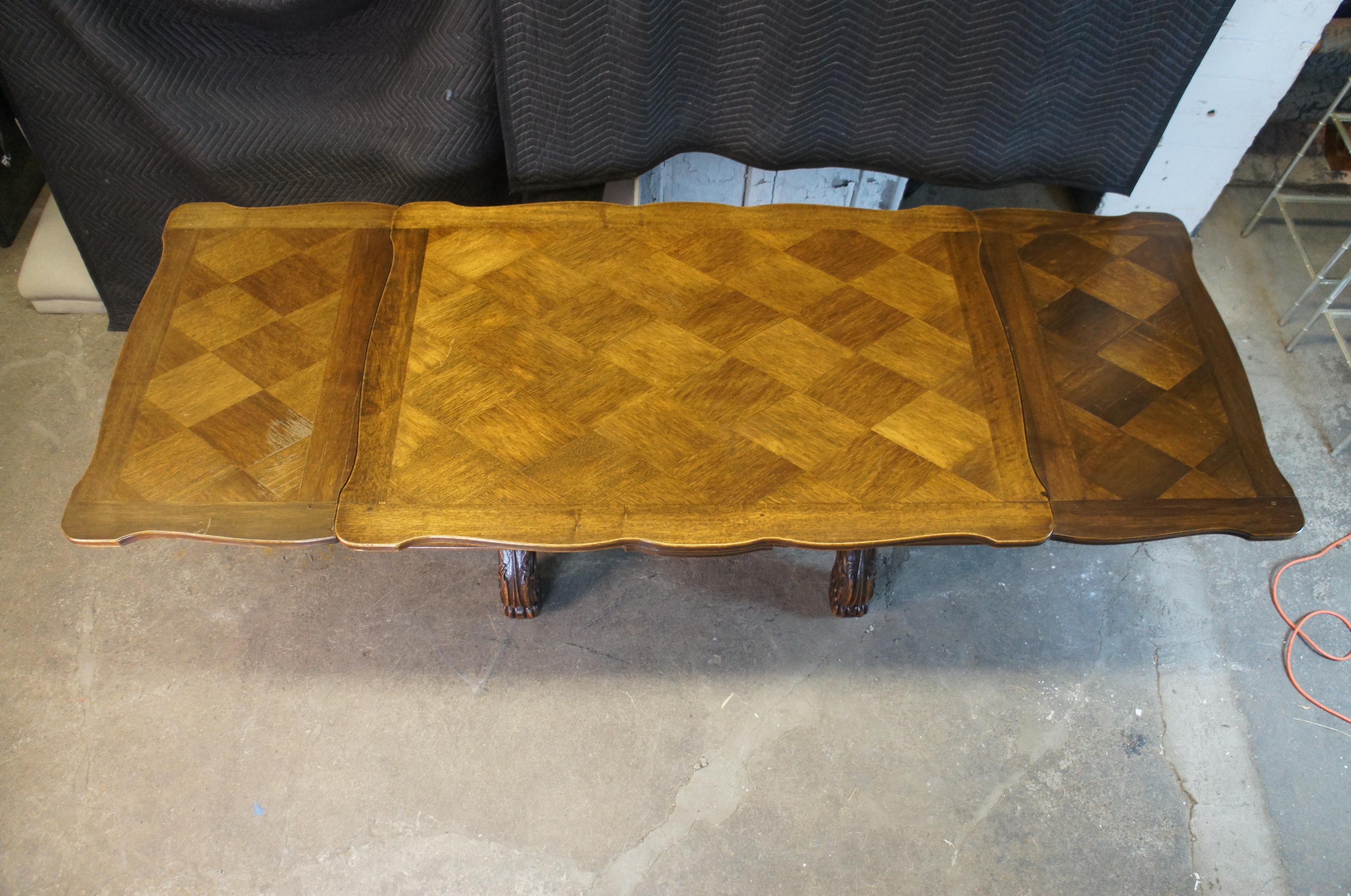 20th Century Antique French Walnut Carved Draw Leaf Extendable Dining Table Parquetry Top 106 For Sale