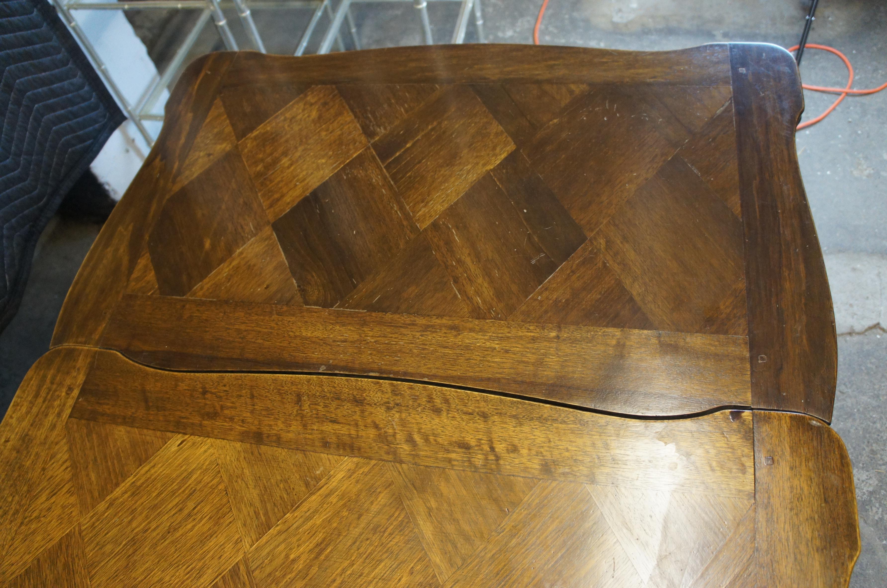 Antique French Walnut Carved Draw Leaf Extendable Dining Table Parquetry Top 106 For Sale 2