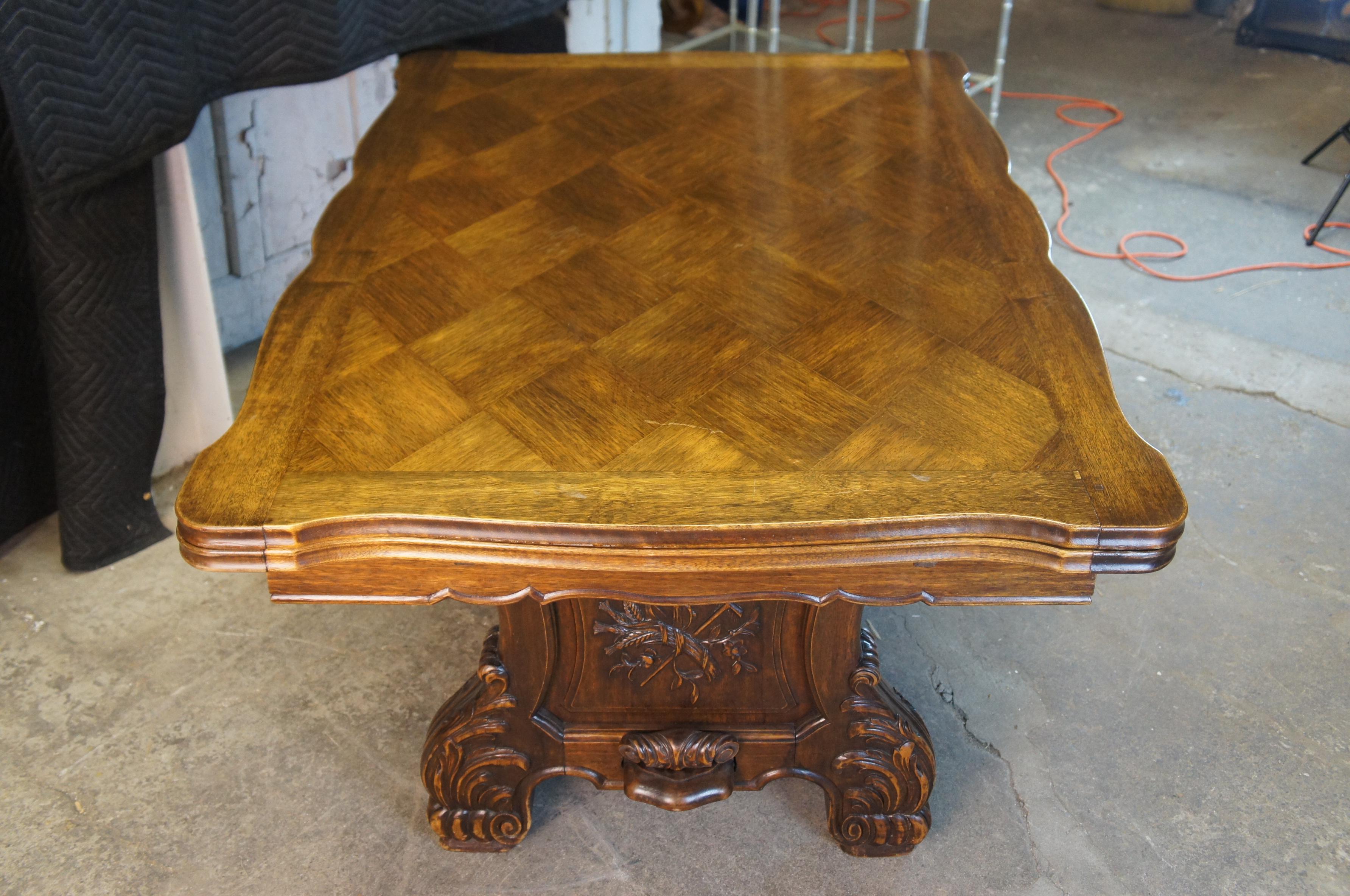 Antique French Walnut Carved Draw Leaf Extendable Dining Table Parquetry Top 106 For Sale 3