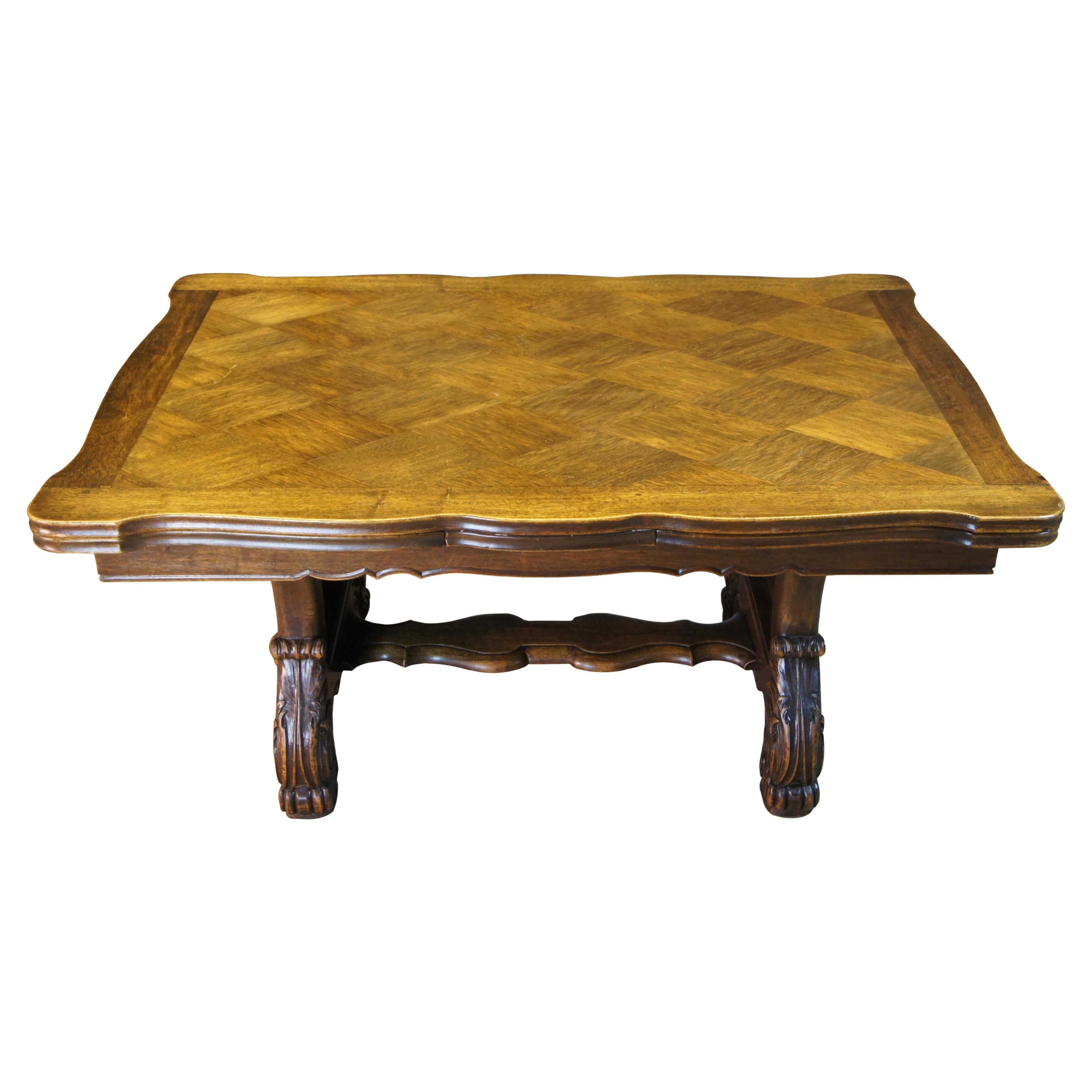 Antique French Walnut Carved Draw Leaf Extendable Dining Table Parquetry Top 106