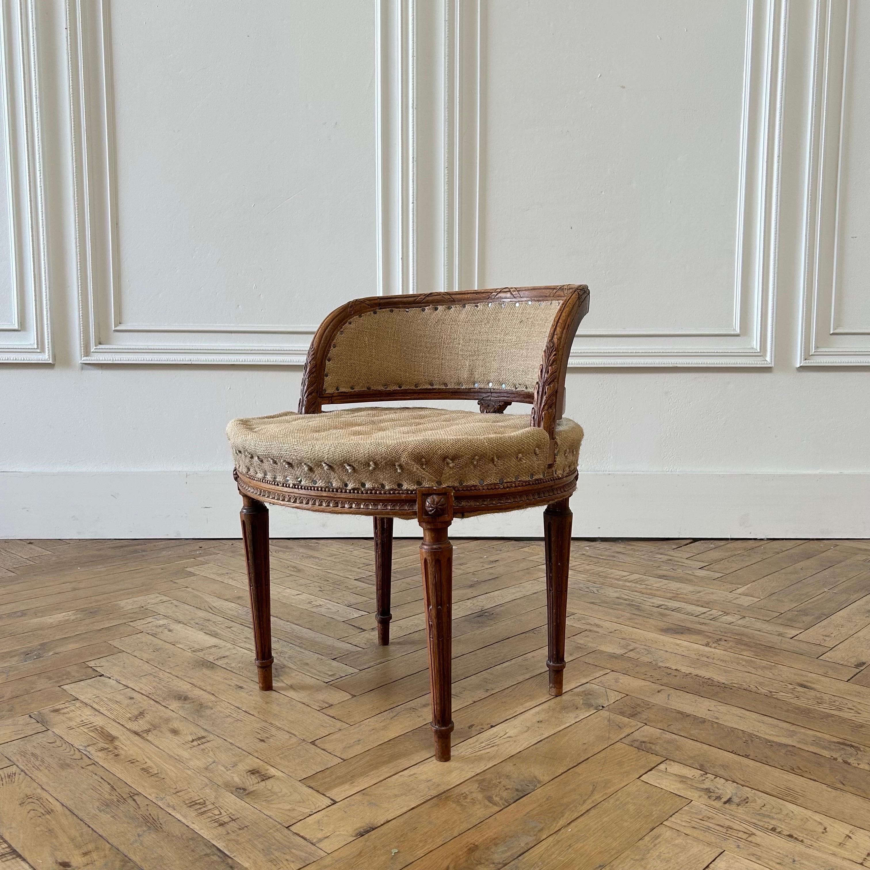 Antique French Walnut Carved Vanity Stool with Custom Upholstery 9
