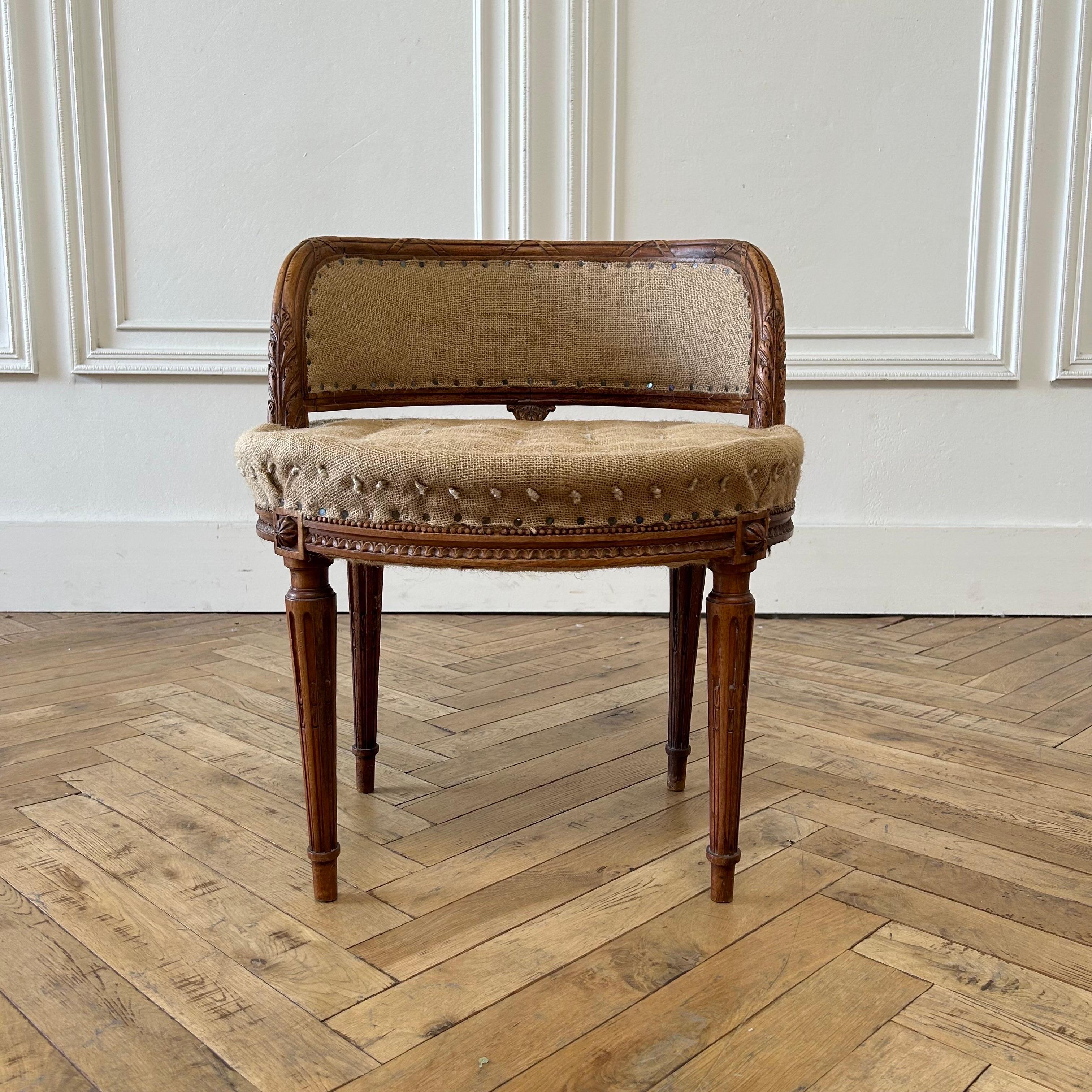 Over 2,000 items in Inventory, scroll down to see all of our in stock furniture and accessories.

Vanity Stool in Carved Walnut 
Petite chair 21”w x 20”d x 25”h. 
Seat Height: 17”. 
Seat Depth: 17”
Solid and sturdy ready for everyday use. We