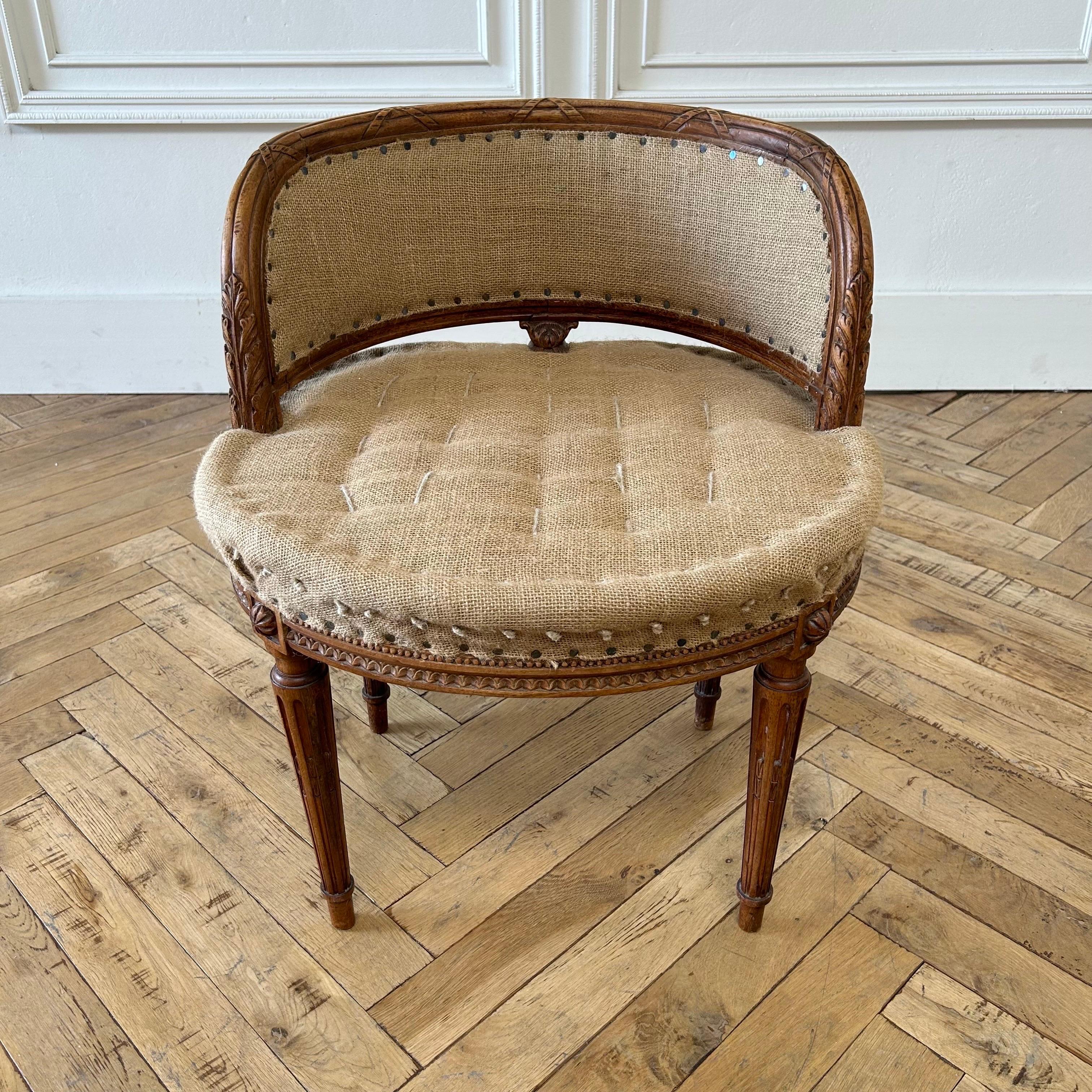 Antique French Walnut Carved Vanity Stool with Custom Upholstery In Good Condition In Old Town Orange, CA