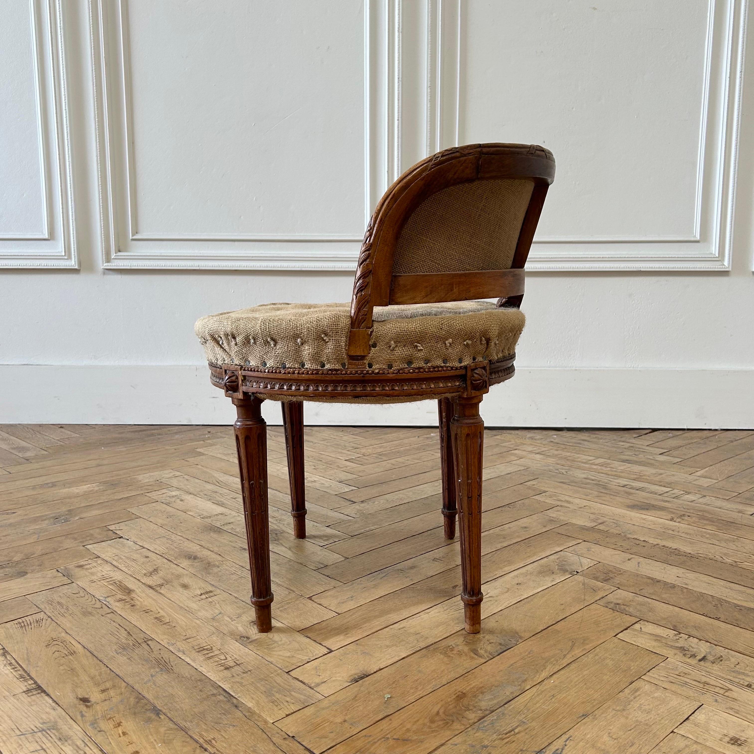 19th Century Antique French Walnut Carved Vanity Stool with Custom Upholstery