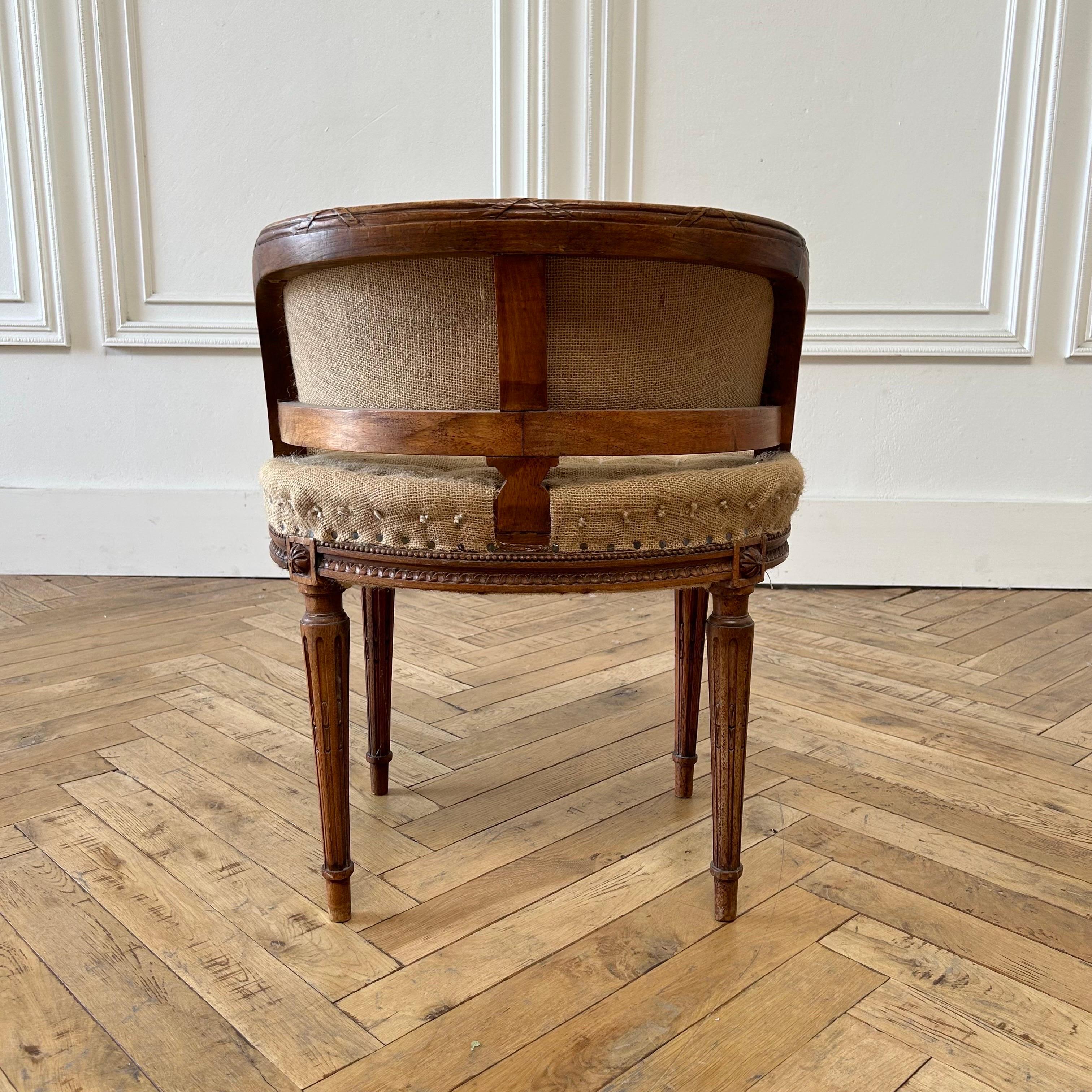 Antique French Walnut Carved Vanity Stool with Custom Upholstery 1